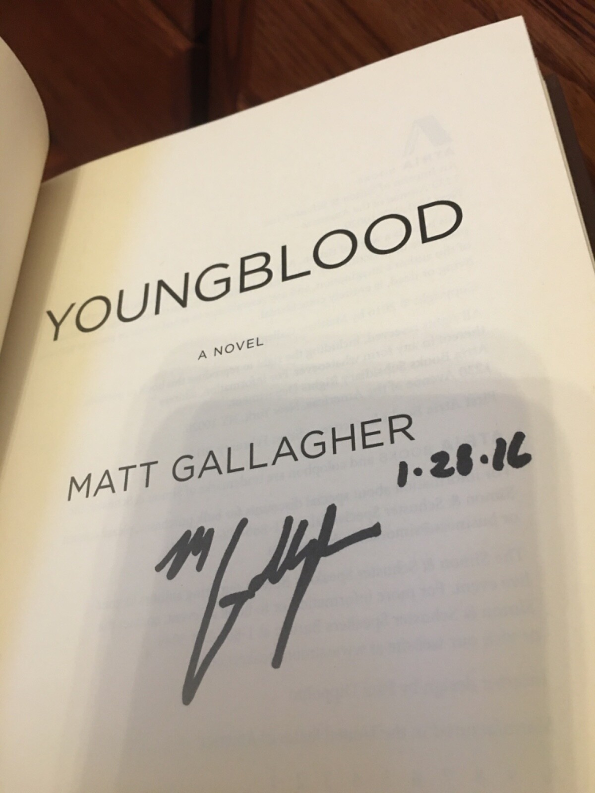 Young Blood Matt Gallagher Signed 1st HC Ptg. Atria 2016 Fine Unread