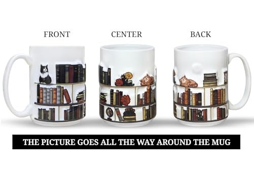 3D Embossed Book Mugs for Readers – 15oz Library Shelf Cup, Cat Lovers Gift