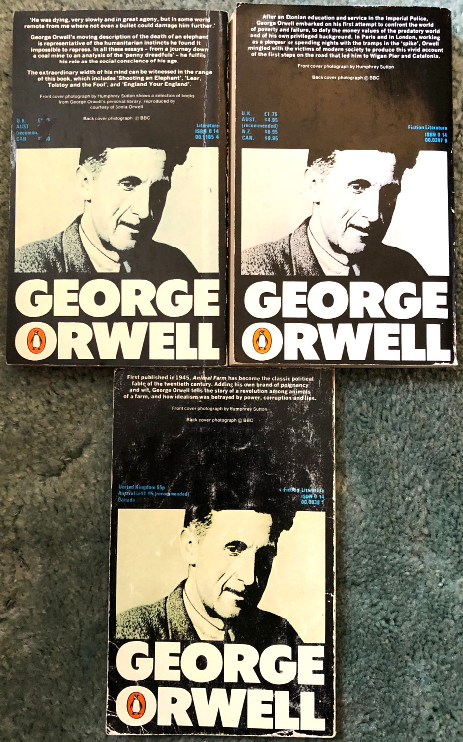 George Orwell books, lot of 3 Penguin UK editions, Animal Farm, Inside the Whale