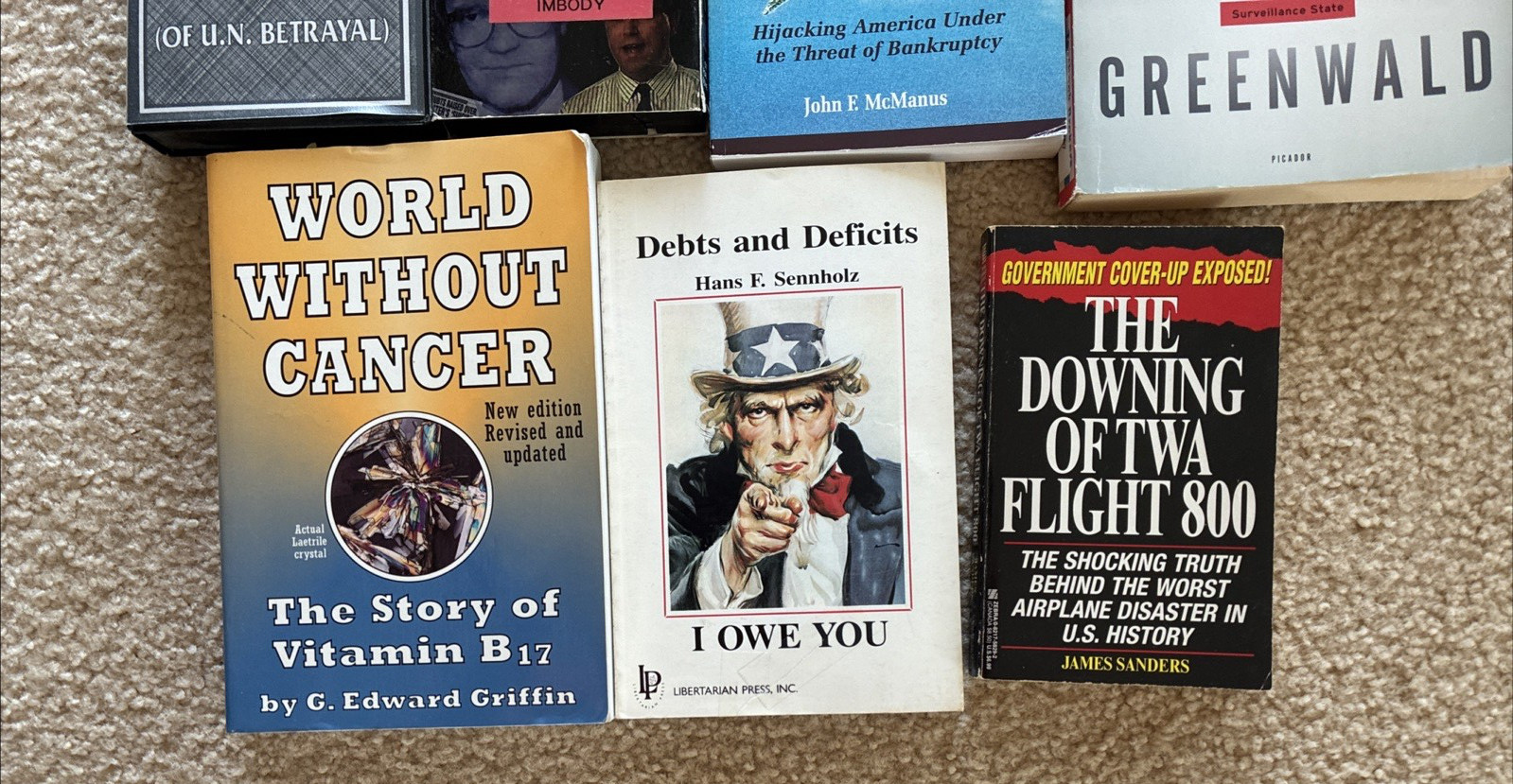 Lot of 10:8Books, 2 VHS tapes/Behold a Pale Horse/Alex Jones/McManus/Stitch