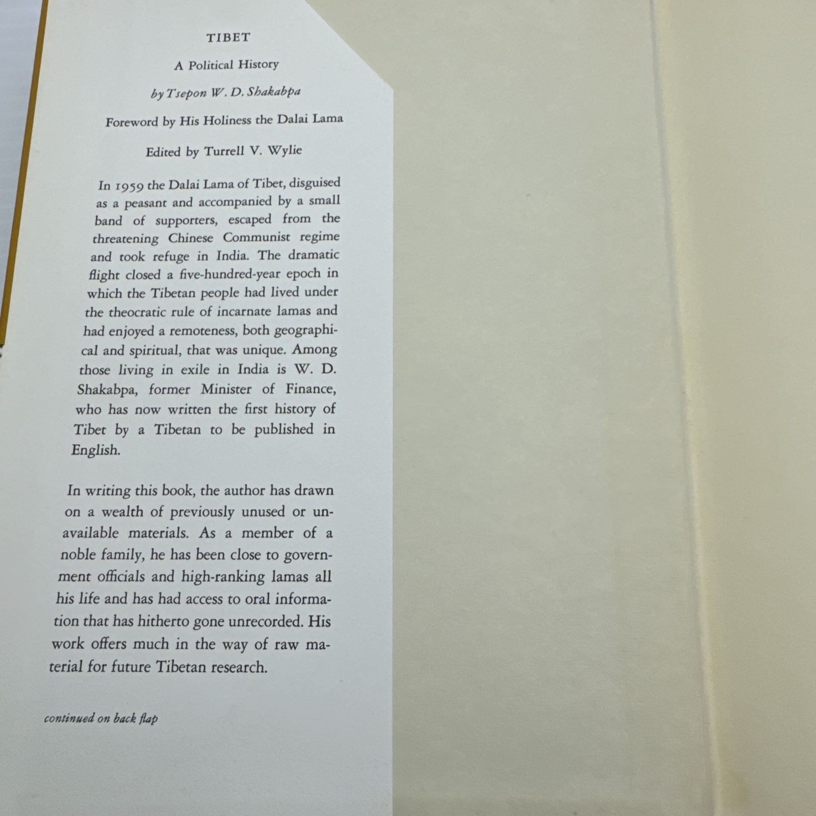 Tibet A Political History Tsepon W. D. Shakabpa Yale University Press 1973 HC