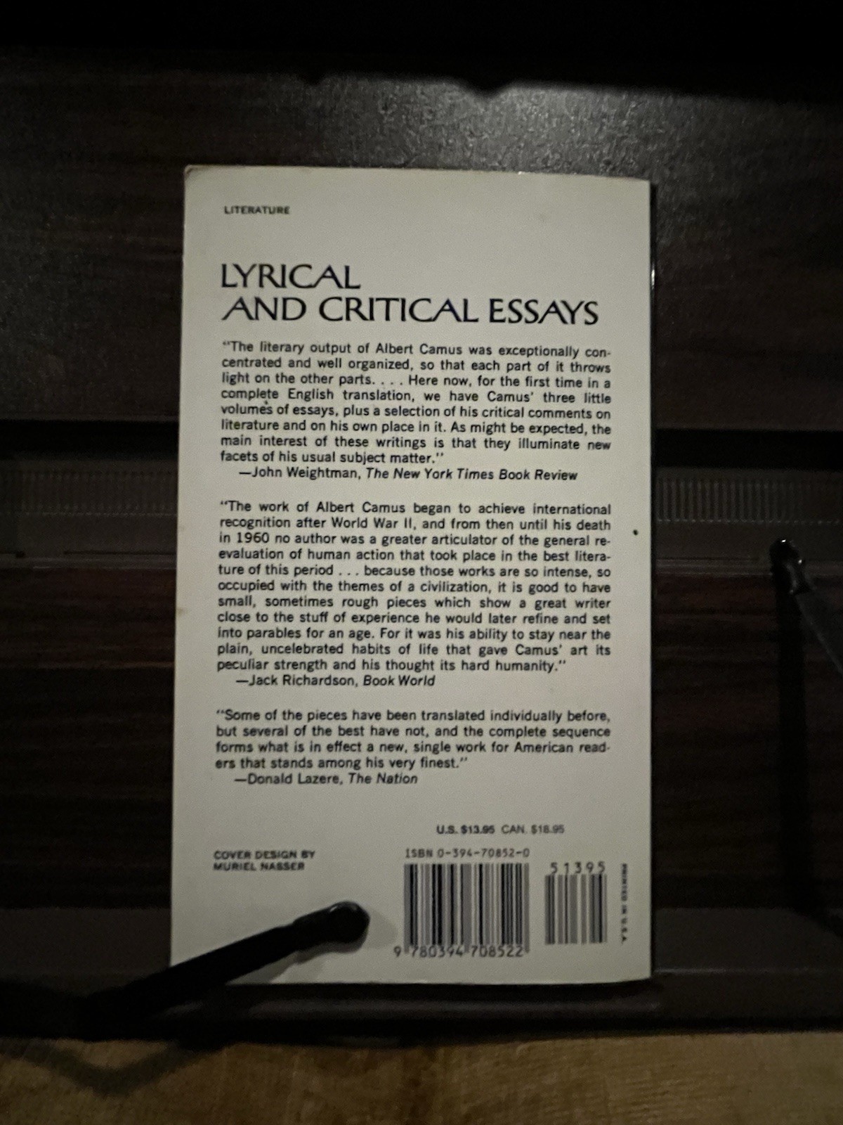 Albert Camus Lyrical and Critical Essays VINTAGE BOOKS EDITION (1970 Paperback)