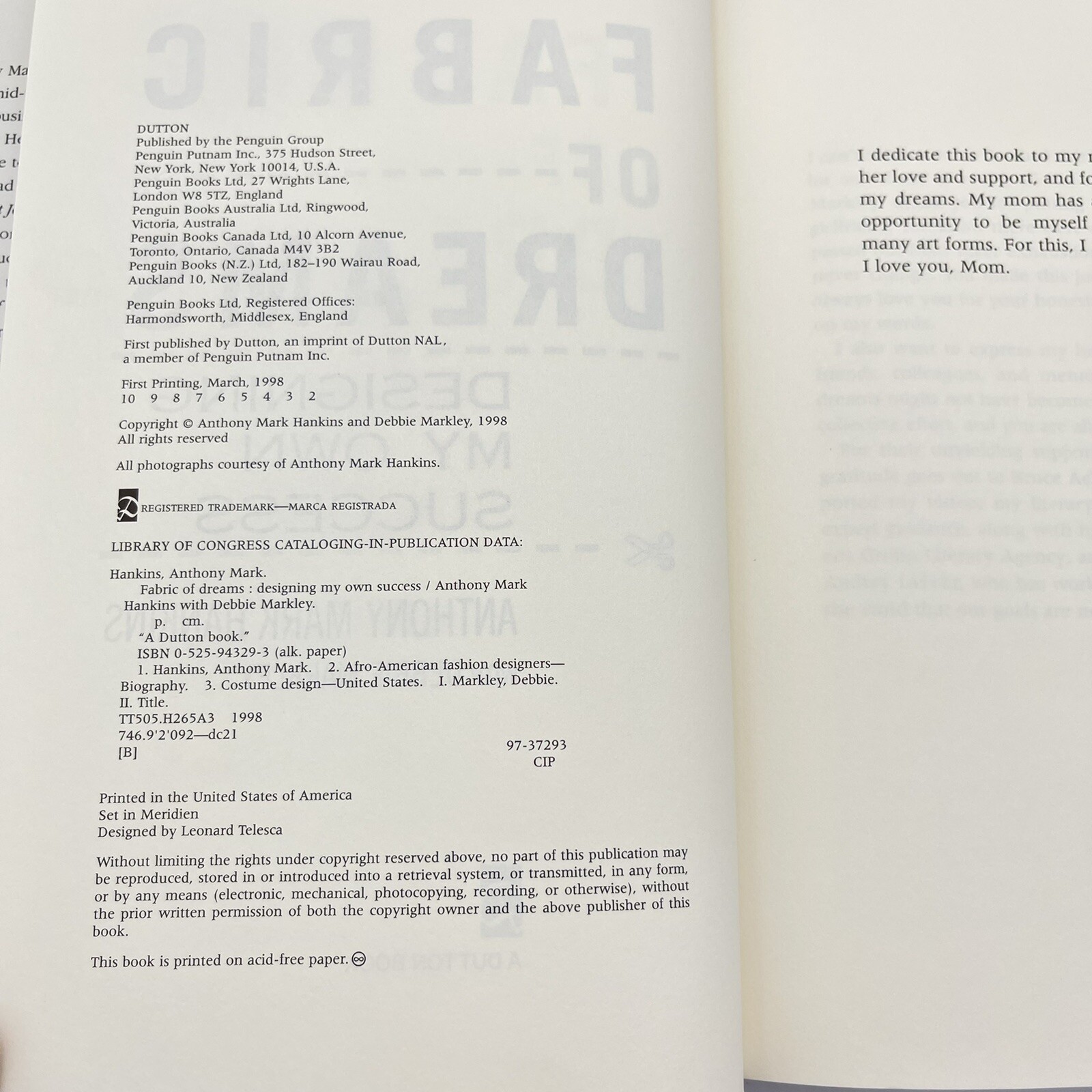 Fabric of Dreams: Designing my own Success. Signed by Anthony Mark Hankins