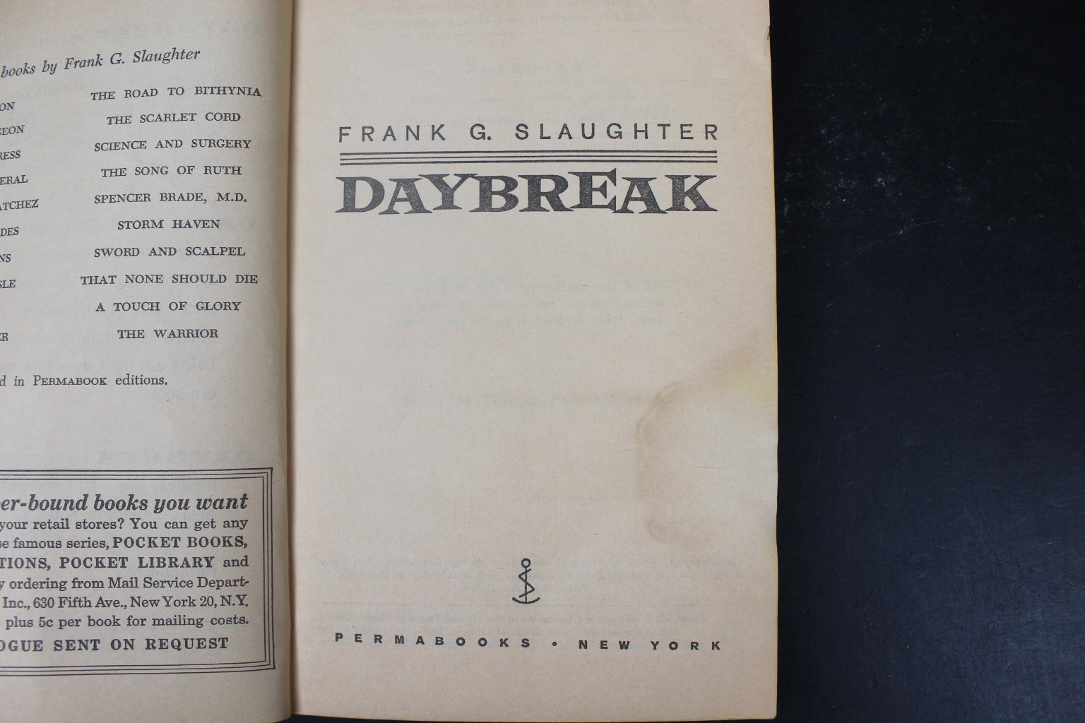 Daybreak Frank G. Slaughter 1959 Permabook 1st Printing Medical Drama Vintage PB