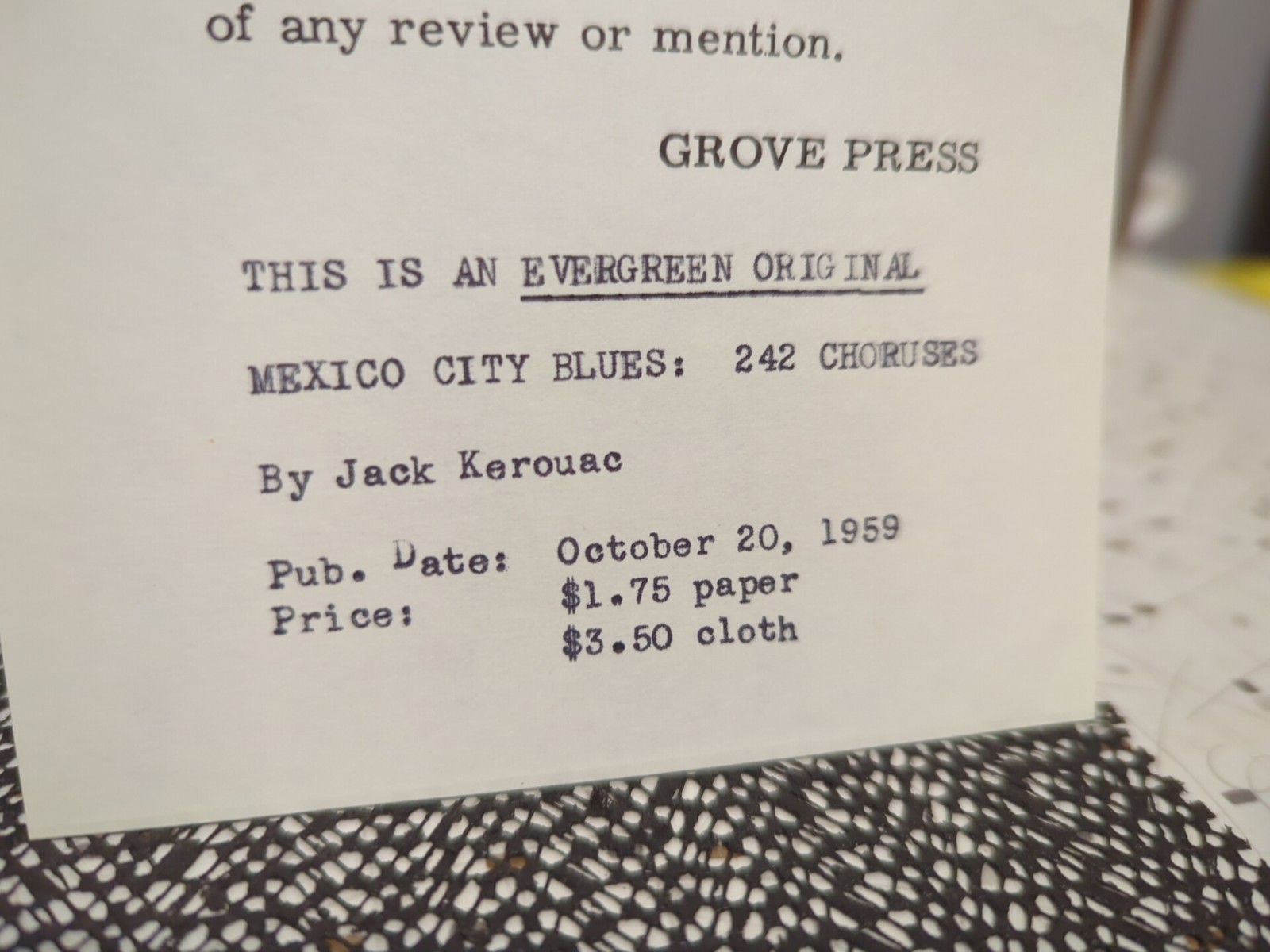 Mexico City Blues Review Copy 1st Printing Trade PB With Slip 1959 Grove Press