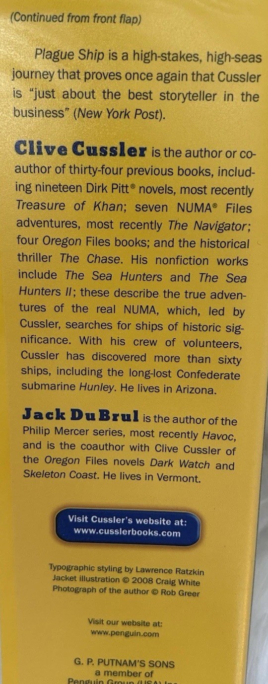 Signed x2 Plague Ship Clive Cussler Jack DuBrul 2008 HCDJ Putnam Books Very Good