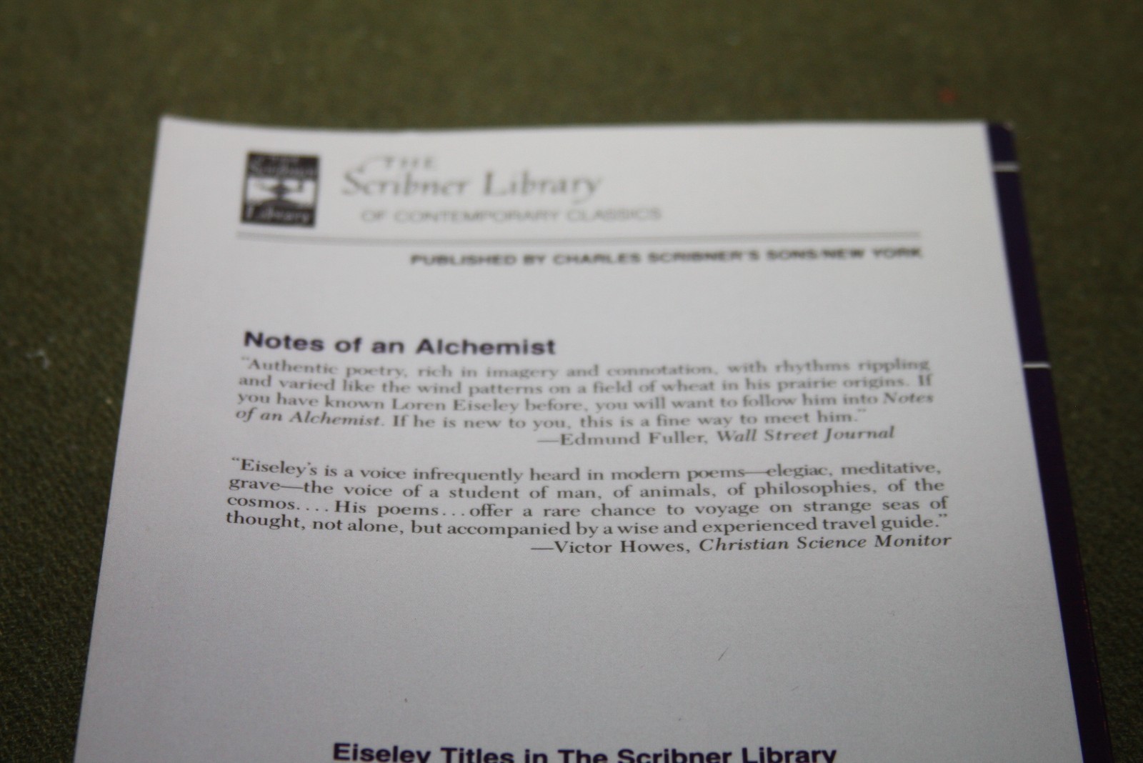 Notes of an Alchemist: Poems by Loren Eiseley 1972 TPB 5th Print Scribner