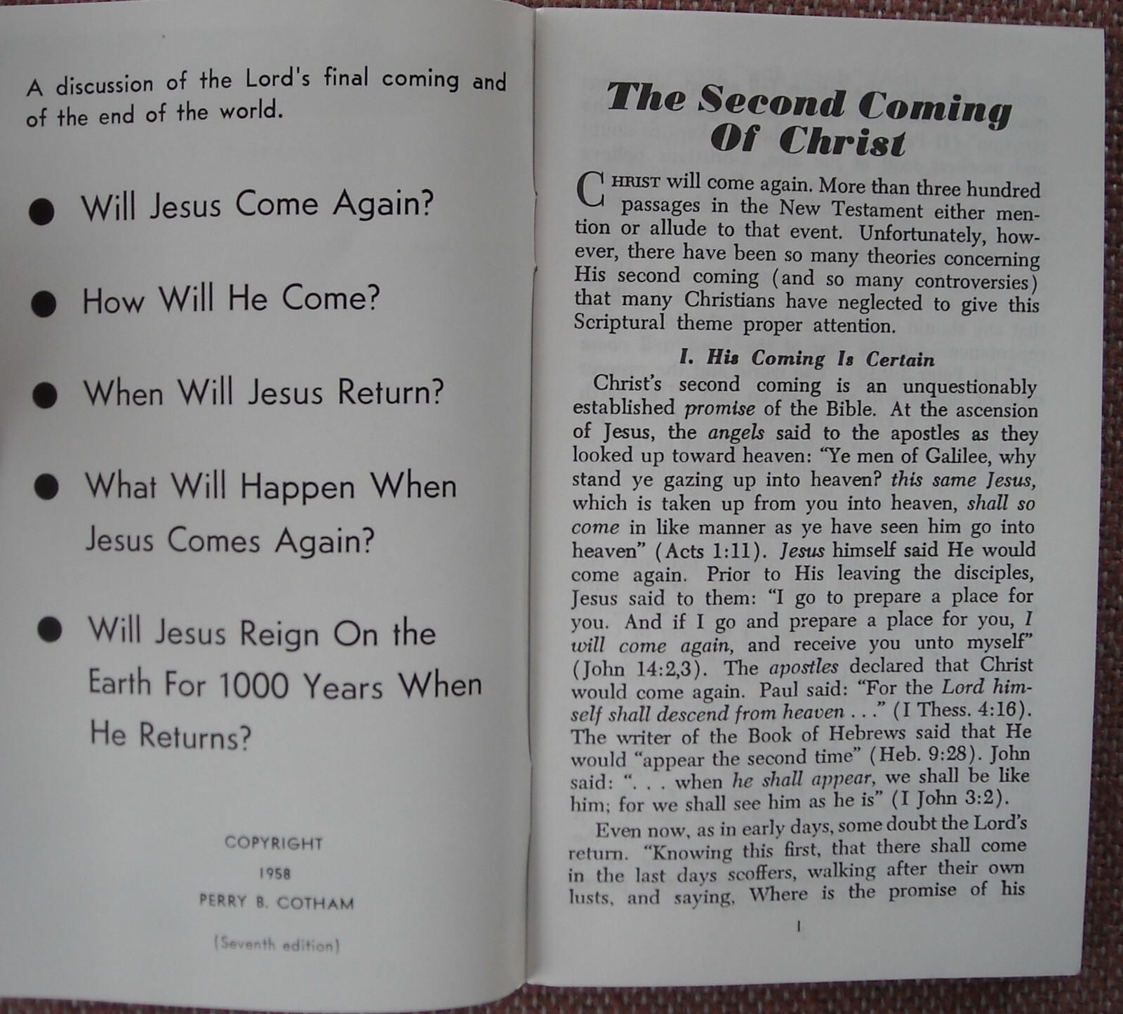 THE SECOND COMING OF CHRIST ~ PERRY B COTHAM ~ Church Of Christ ~ FREE SHIPPING