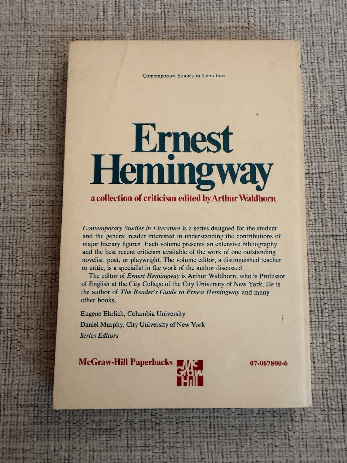 Ernest Hemingway Criticism Waldhorn McGraw Hill PB Vintage Lit Study