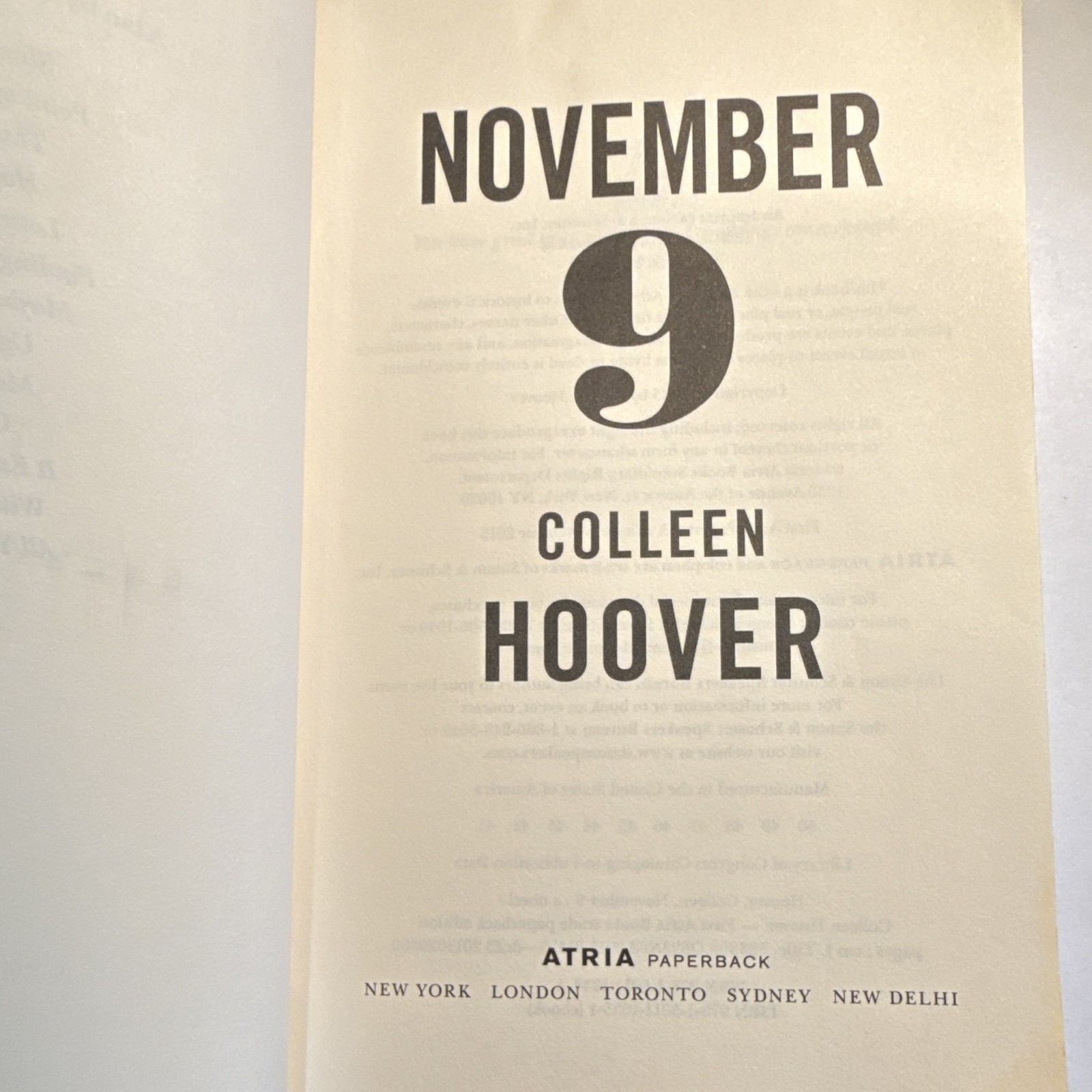 Colleen Hoover November 9 Romance Love Story Novel PB English Atria Paperback