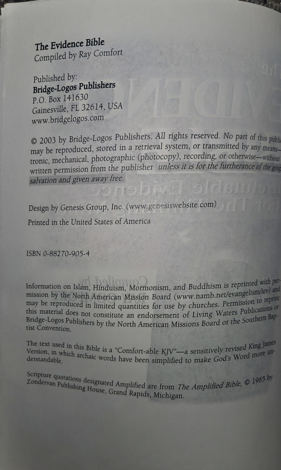 Ray Comfort Evidence Bible Complete Trade Paperback 2004 Bridge-Logos English