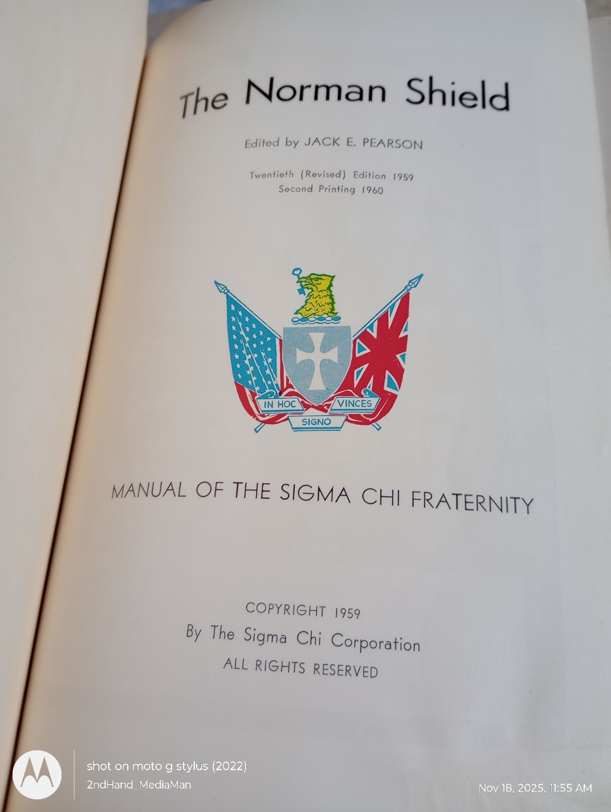 1959 20TH EDITION THE NORMAN SHIELD TRAINING MANUAL SIGMA CHI HC/HARDCOVER BOOK