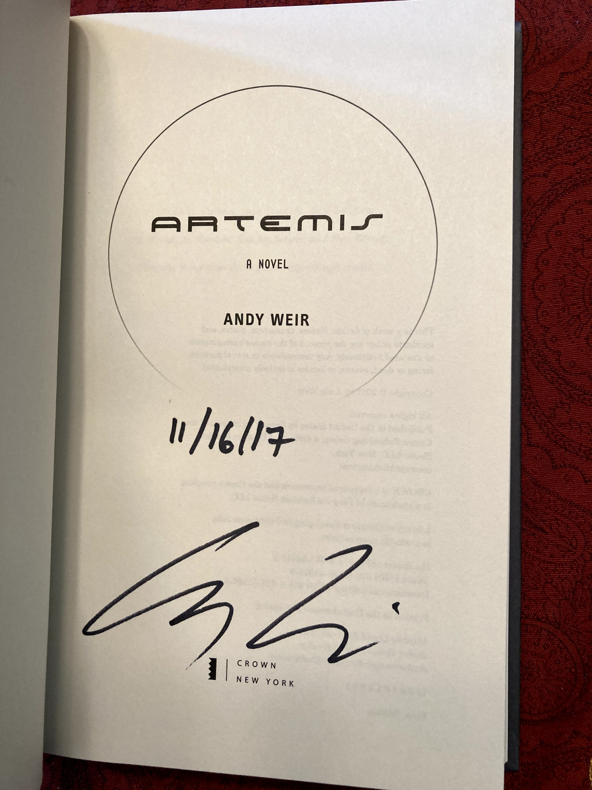 Artemis : A Novel by Andy Weir (2017) HC/DJ/1st Printing – SIGNED & DATED