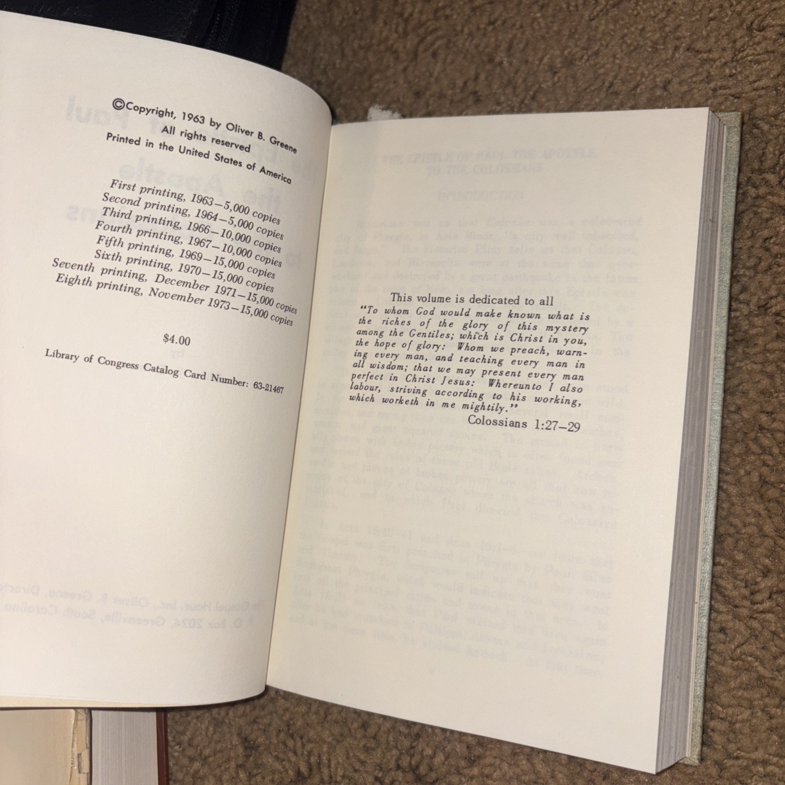 THE EPISTLE OF PAUL THE APOSTLE TO THE COLOSSIANS Oliver B. Greene HC 1963 VGC