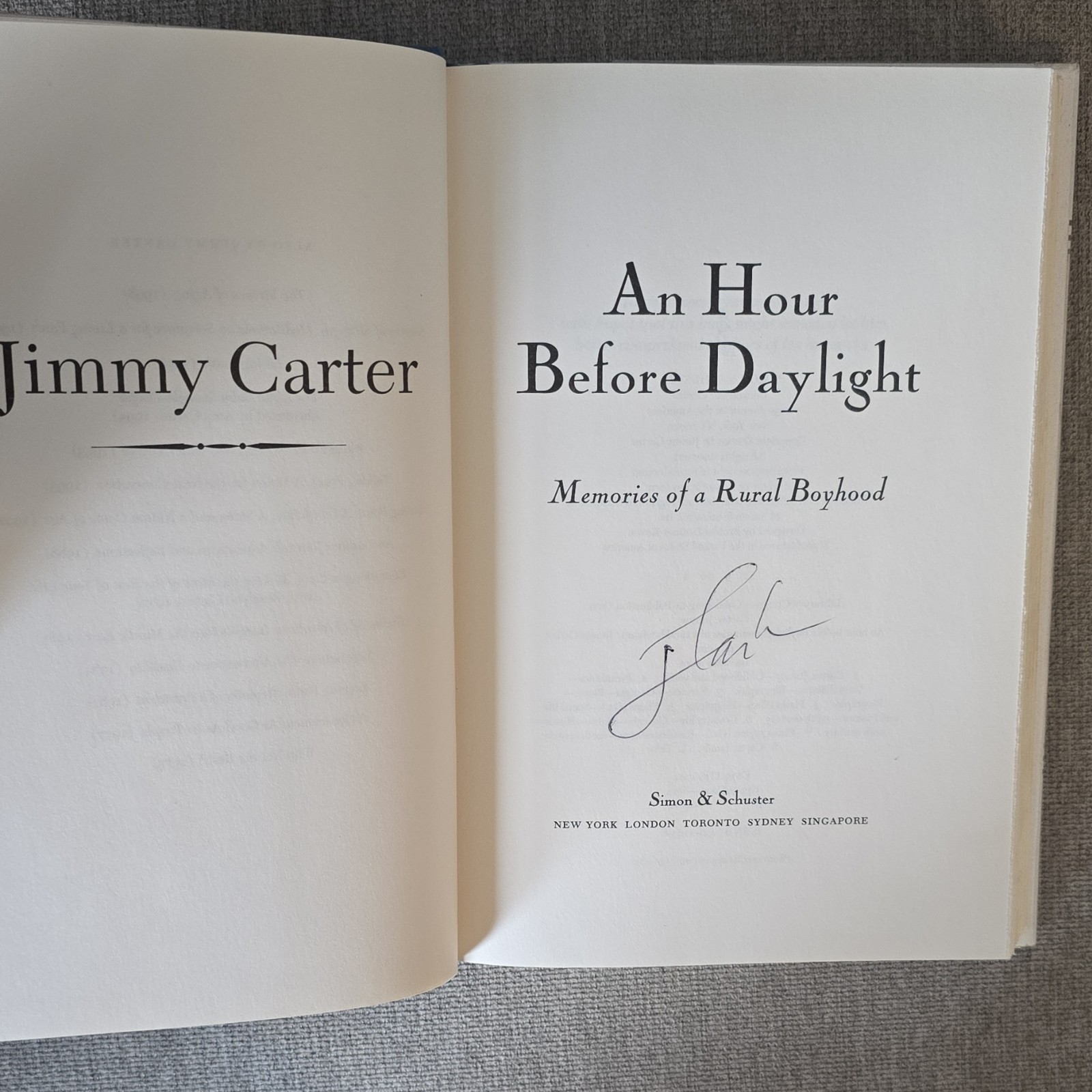 Signed An Hour Before Daylight Jimmy Carter Hardcover First Edition 2001