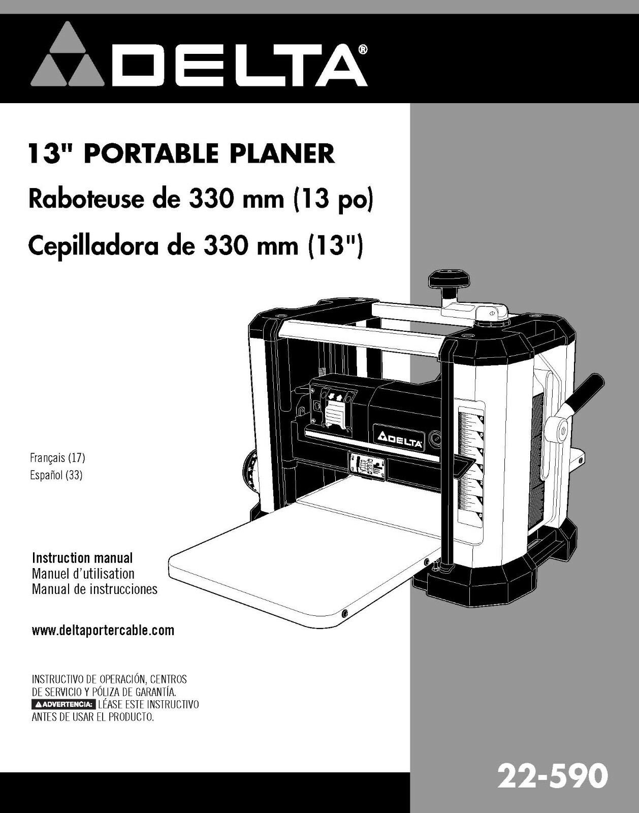 Delta 13″ Portable Planer 22-590 Instruction Manual SPIRAL BOUND