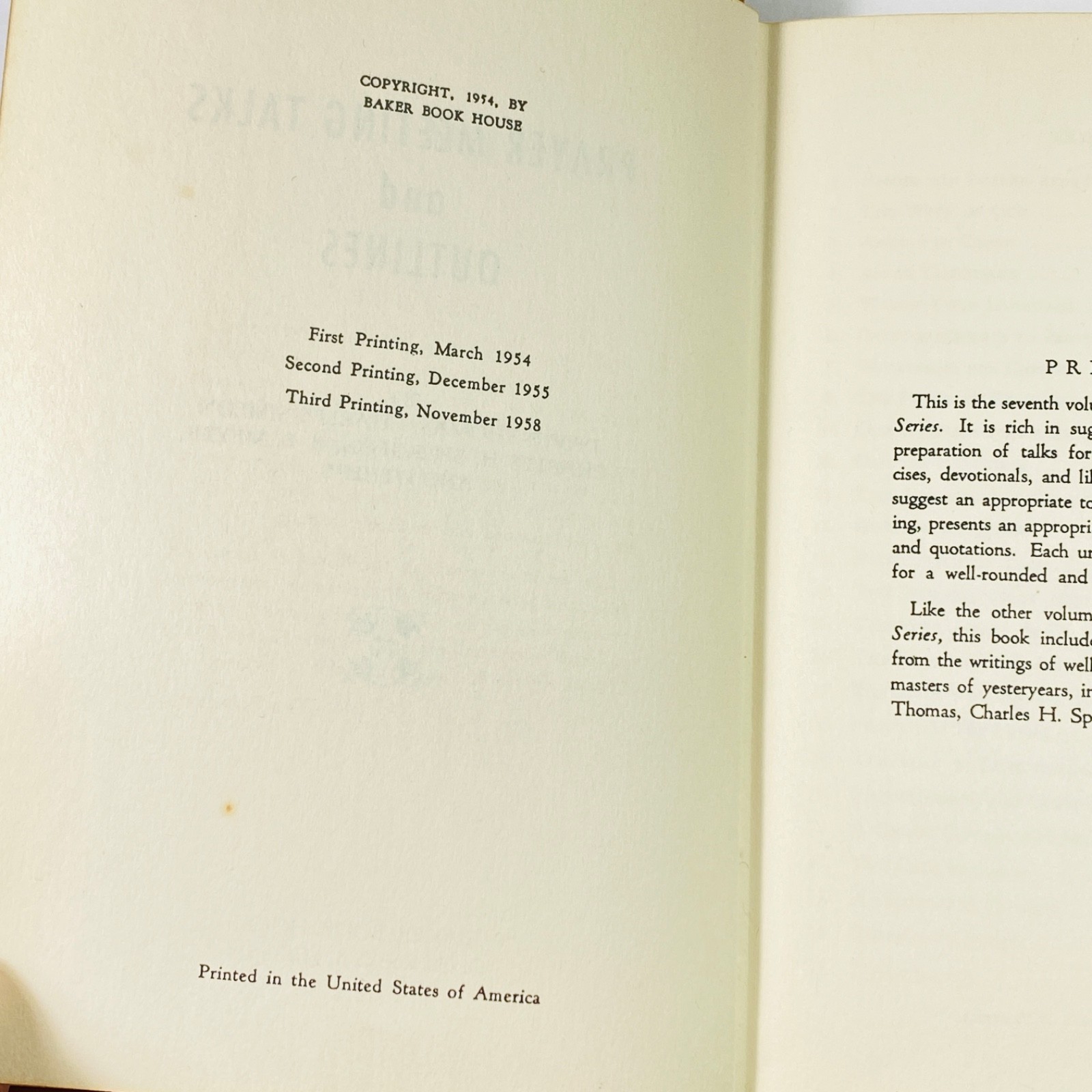 PRAYER MEETING TALKS & OUTLINES – 1958 BAKER BOOK HOUSE – CHRISTIAN HARD COVER