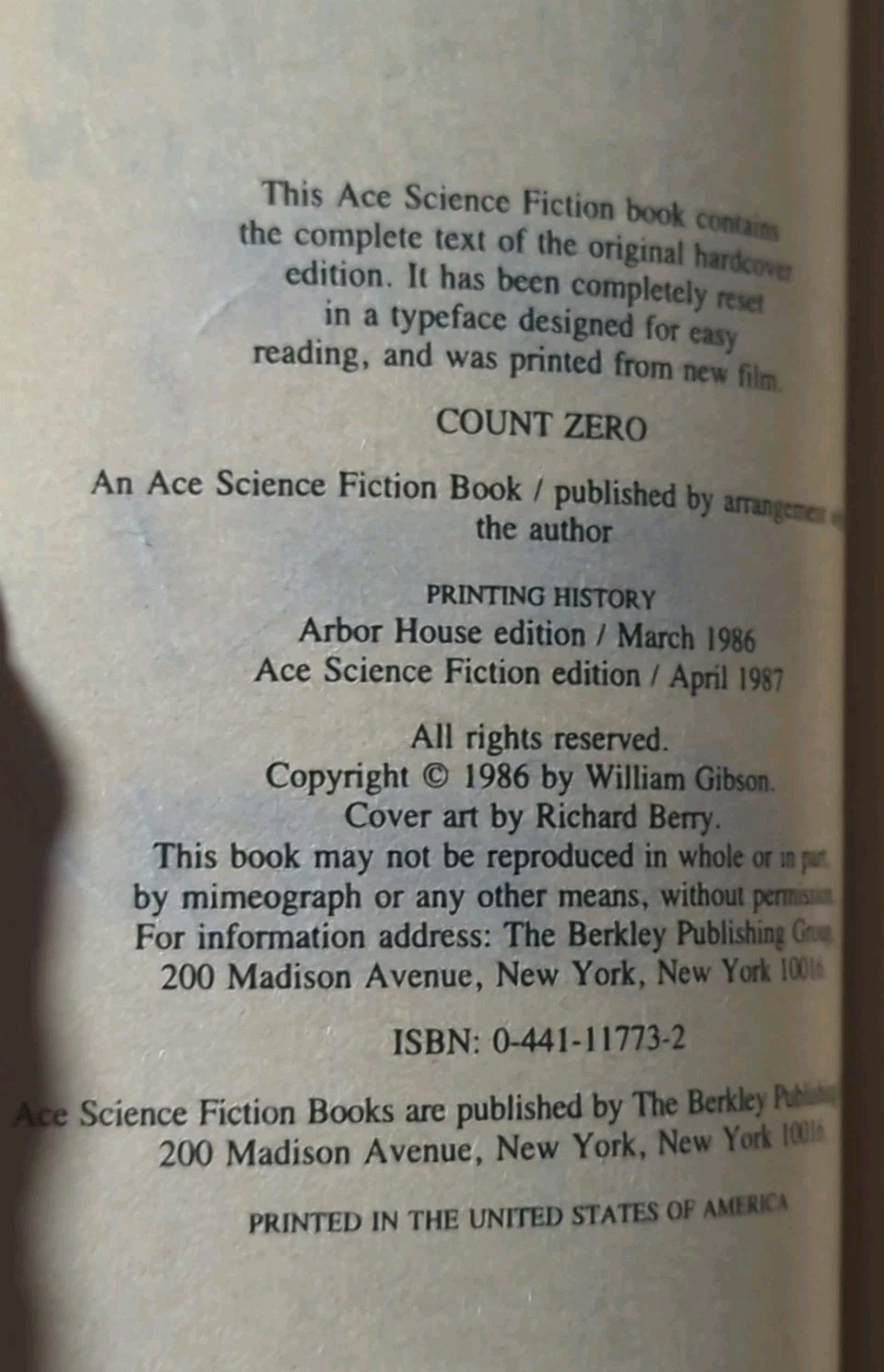 Count Zero by William Gibson (1987 Ace 1st ed/1st print) Signed by Author