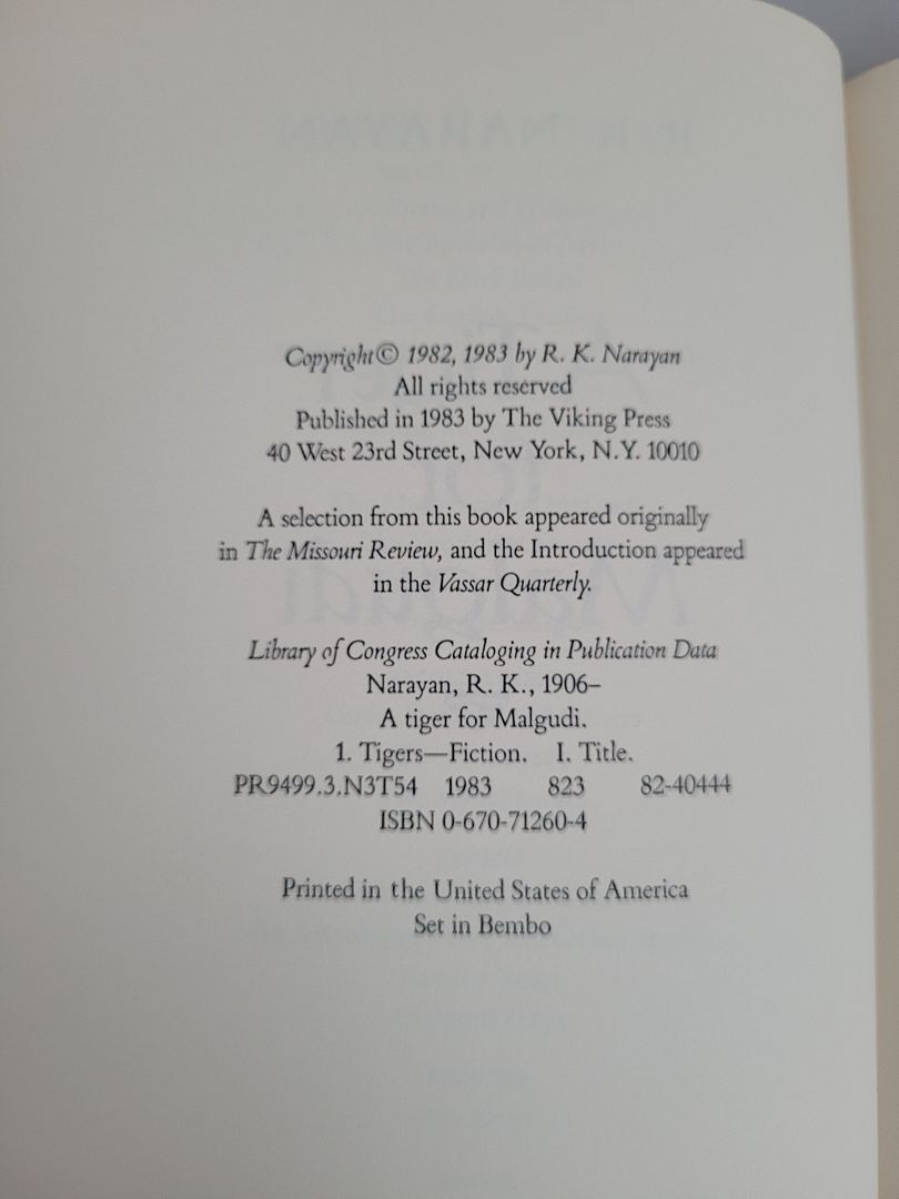 A Tiger for Malgudi; R.K. Narayan; First Edition First Printing