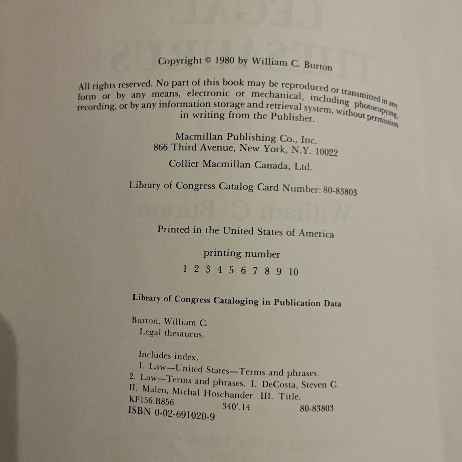 Legal Thesaurus Regular Edition By William C. Burton 1980 GOOD