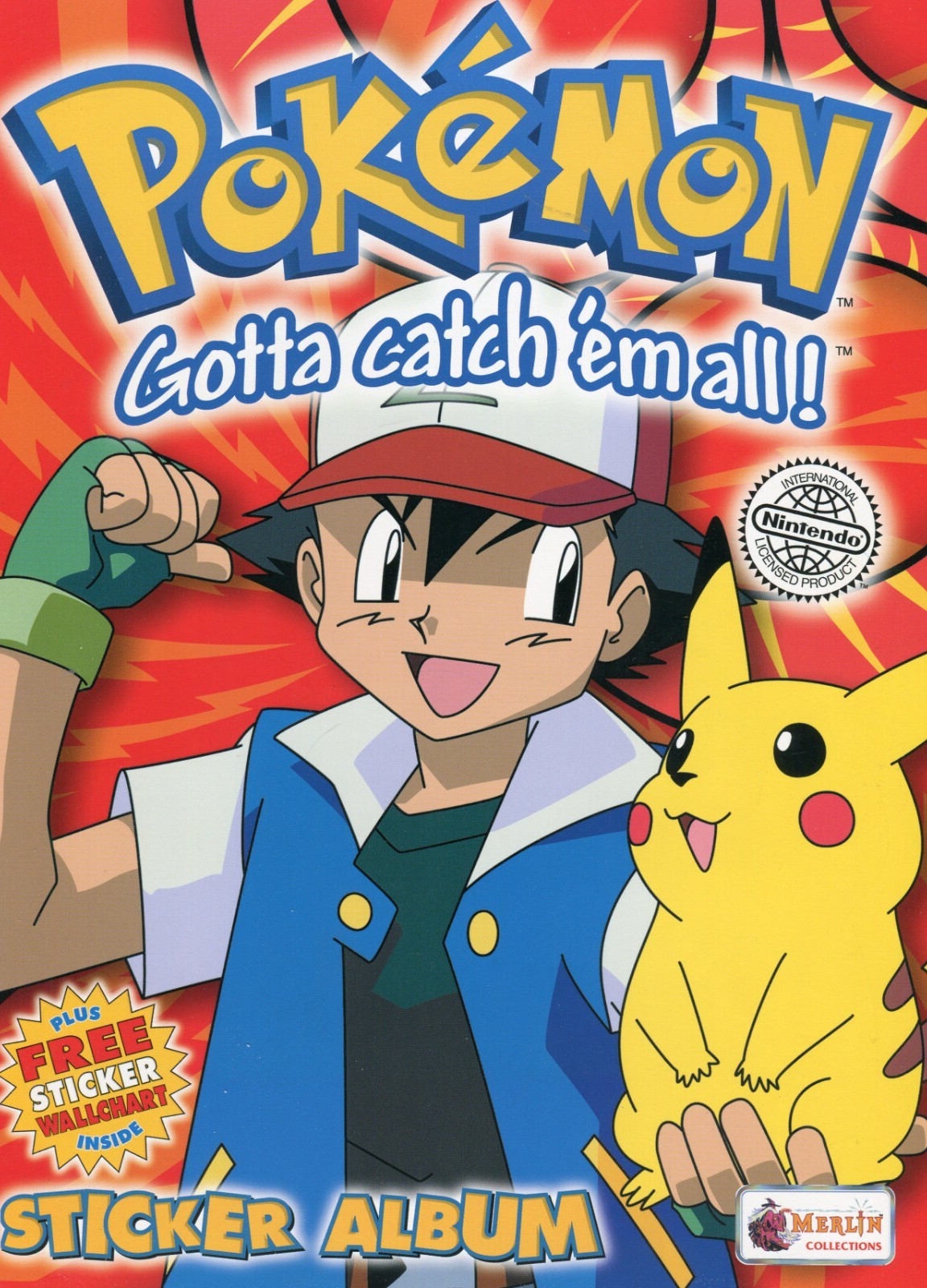 1999 Topps Merlin Pokemon Sticker Album Book Ash Ketchum & Pikachu w/ Poster!