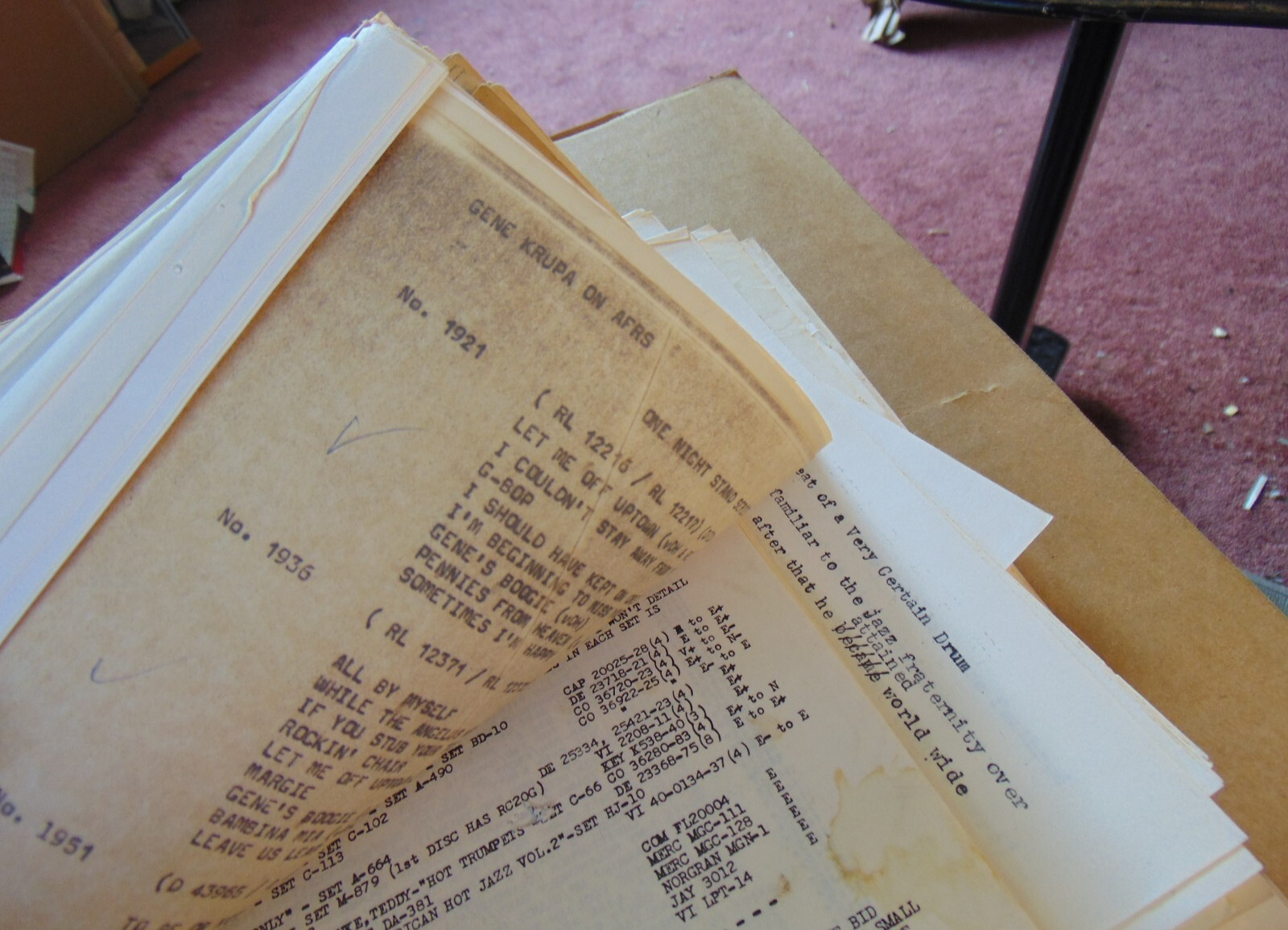 Gene Krupa discographic information, about 125 pages or 1-inch of papers