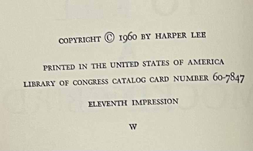 To Kill A Mockingbird by Harper Lee, First Edition 11th Impression Printing