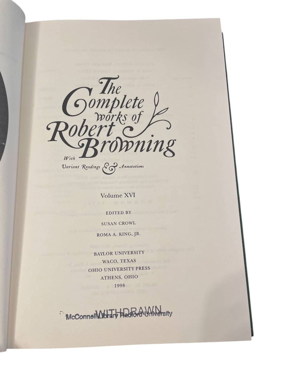 The Complete Works of Robert Browning Volume XVI 1998 Baylor Ohio UP