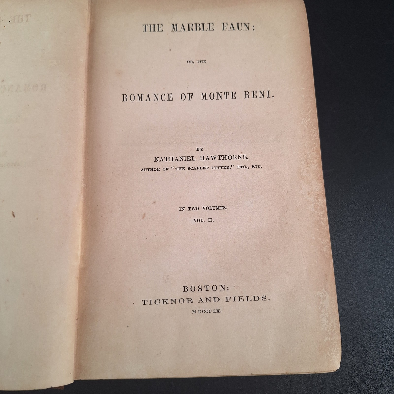 Antique 1860 Book The Marble Faun Monte Beni Nathaniel Hawthorne Volume II