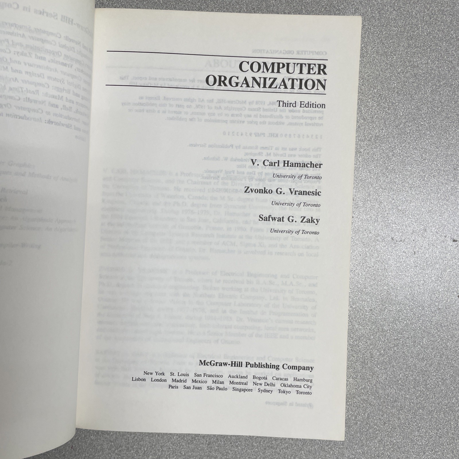 COMPUTER ORGANIZATION 3rd Intl Ed 1990 Hamacher Vranesic Zaky TPB VERY GOOD