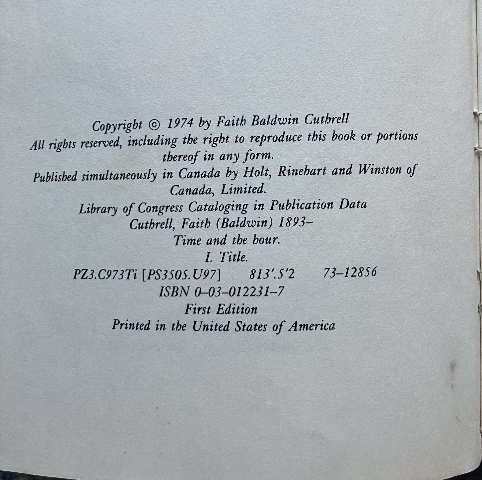 Time and the Hour by Faith Baldwin HCDJ 1974 First Edition 242 pages *See pics