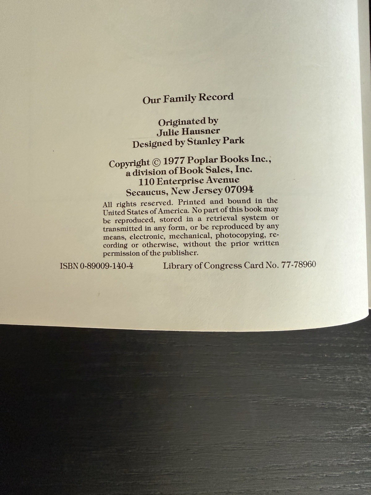 Our Family Tree Record Book 1977 A HISTORY OF OUR FAMILY Poplar Books