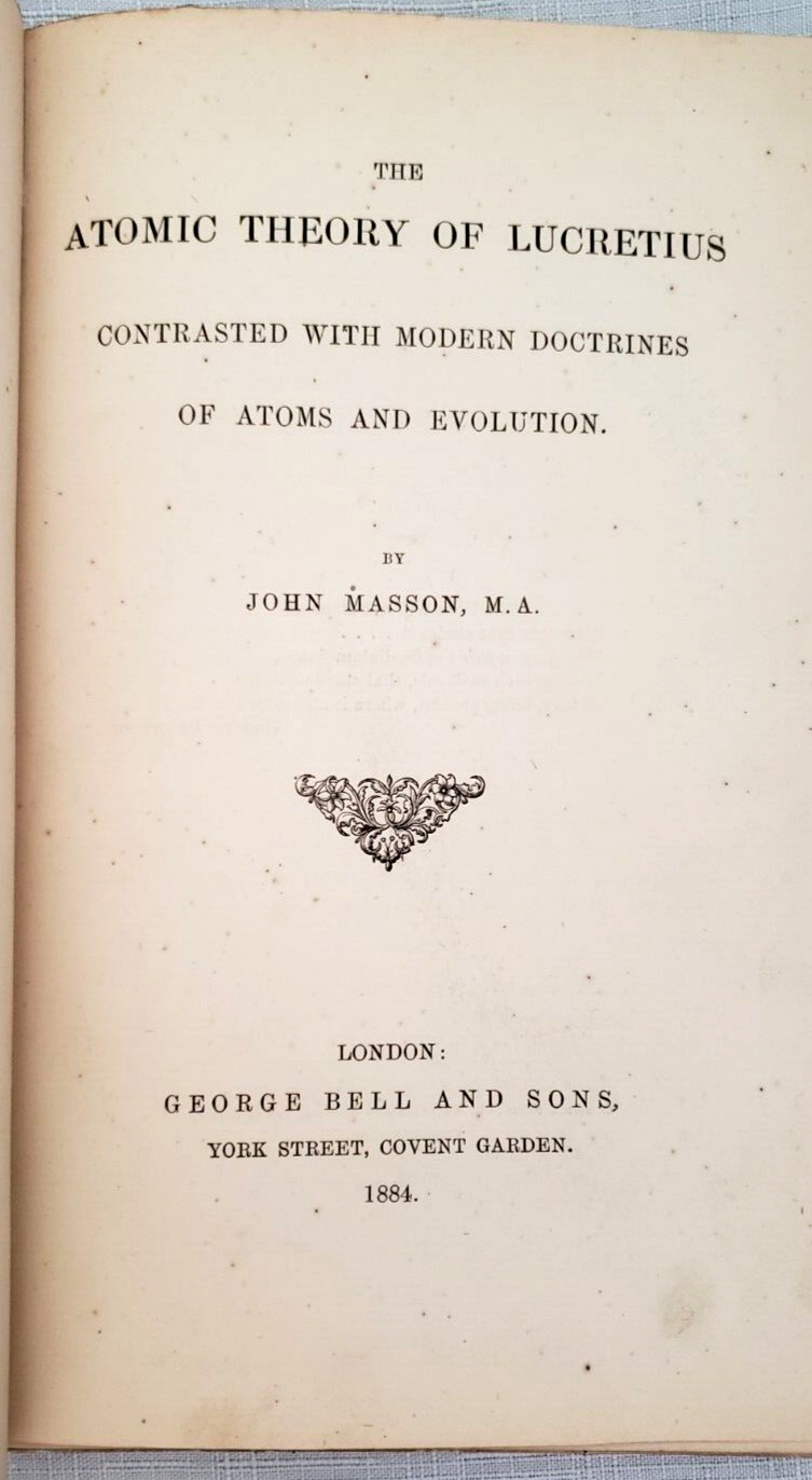 1872 Masson LUCRETIUS‘ ATOMIC THEORY & MODERN SCIENCE,Evolution,Atoms,Philosophy
