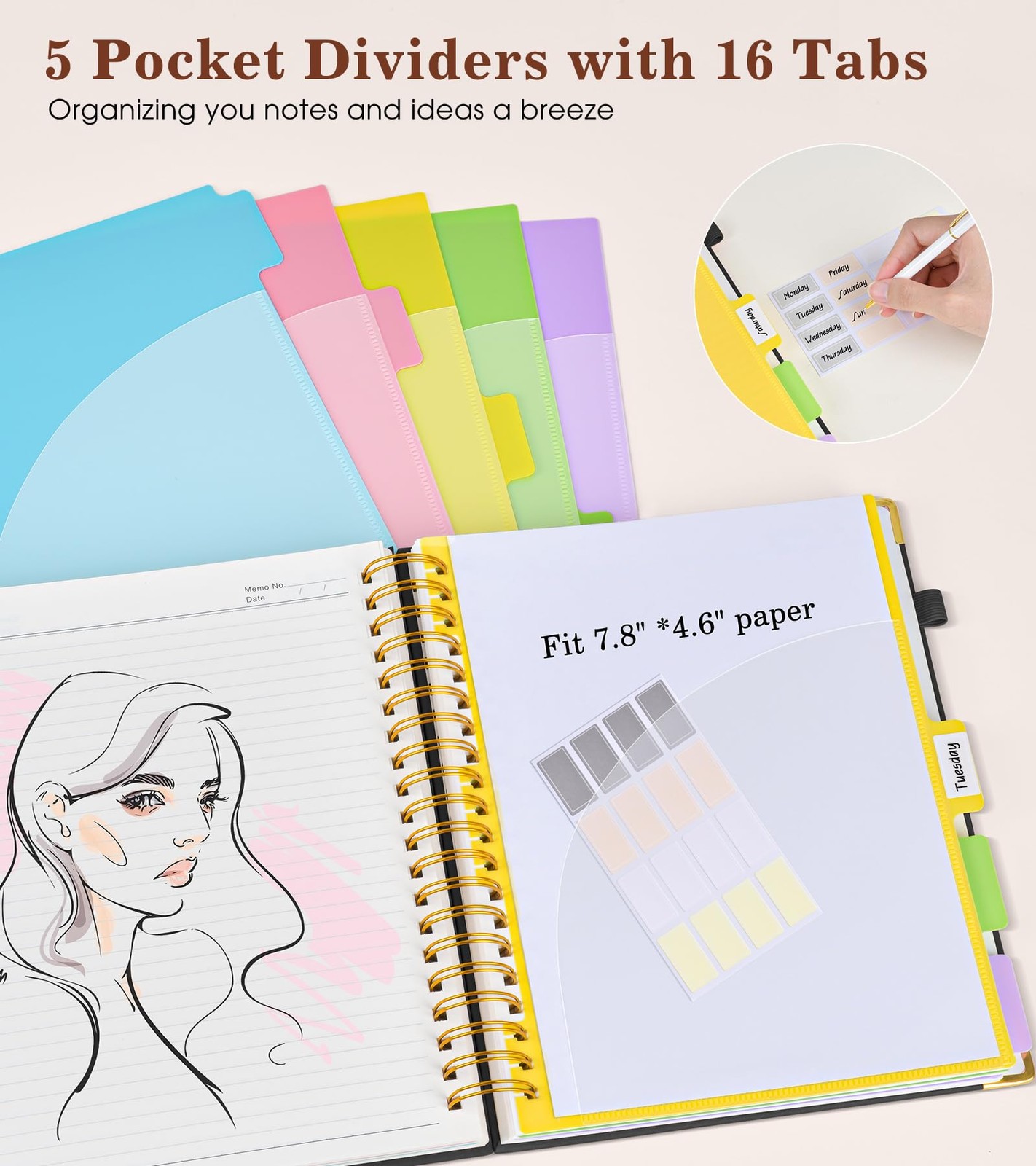 Hardcover Spiral Notebook with Removable Dividers Tabs, 300 pages Leather 5 S…