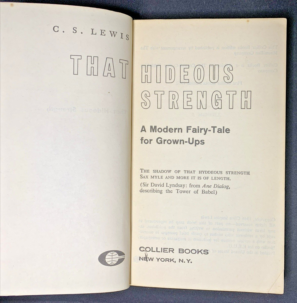 RARE That Hideous Strength SciFi Fantasy PB C.S. Lewis 1962 FIRST Collier Books