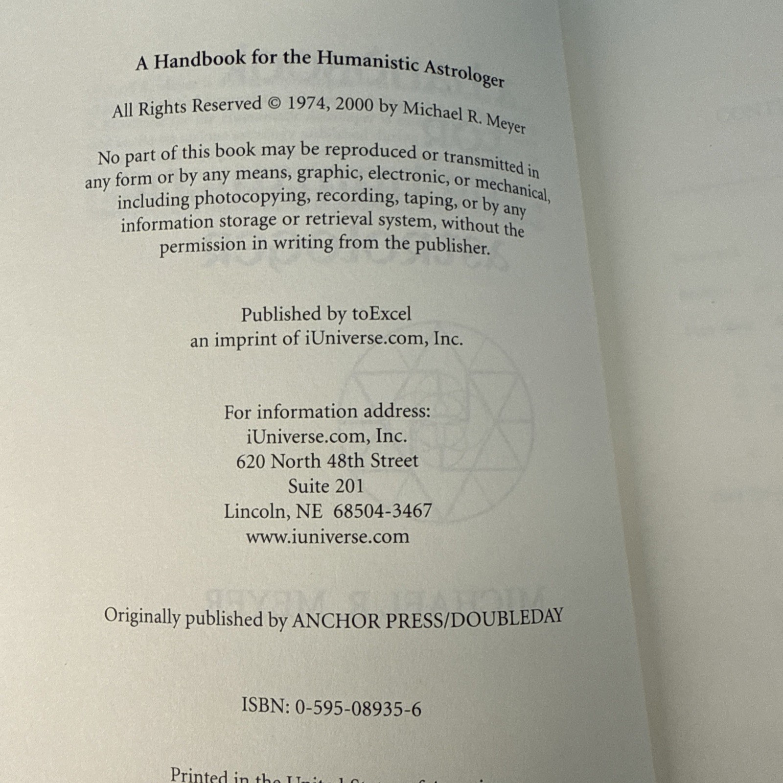 A Handbook for the Humanistic Astrologer PB Millenial Edition by Michael Meyer