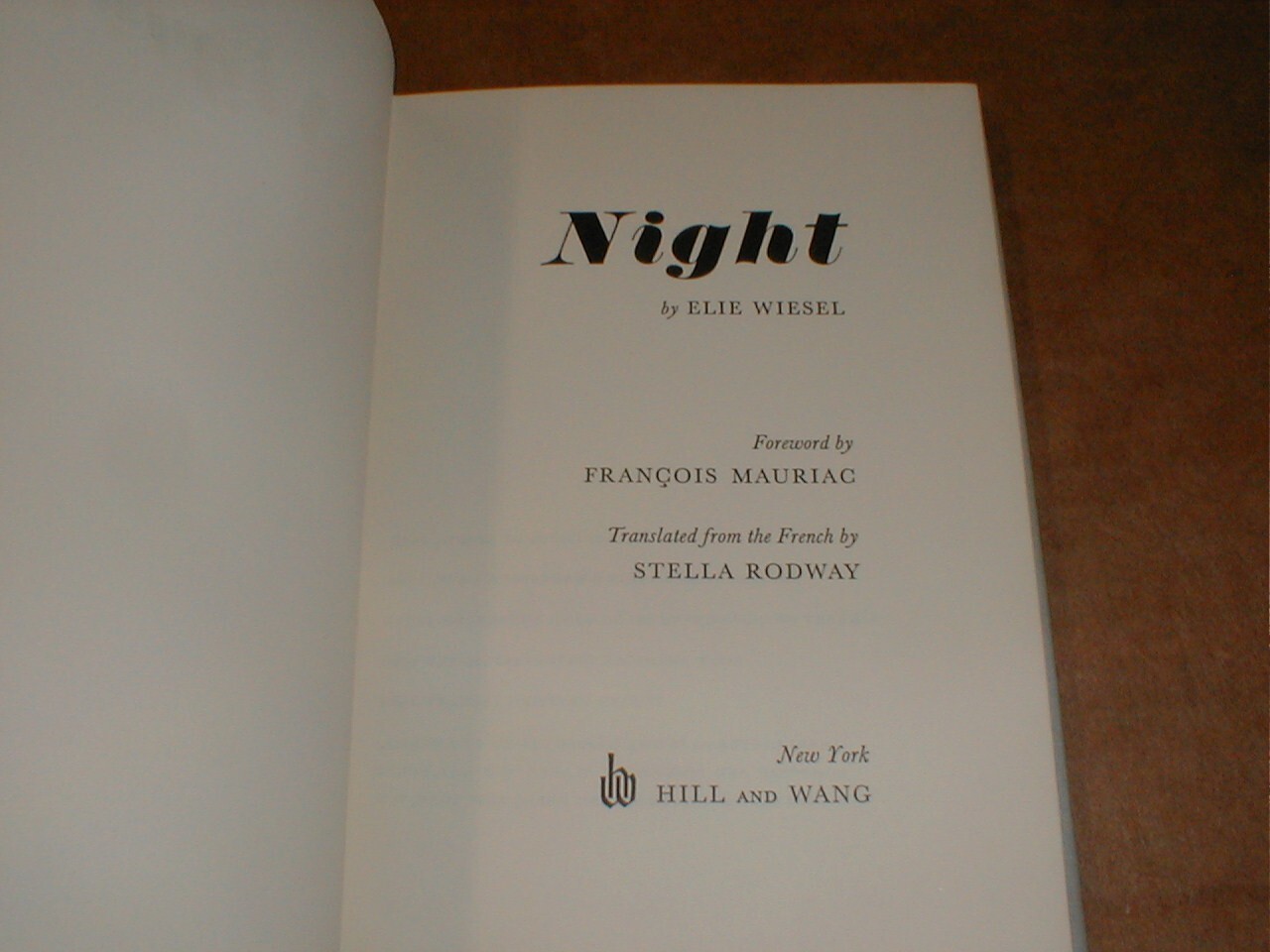 Night by Elie Wiesel Second American Printing 1961 Hill and Wang P. $3.00 intact
