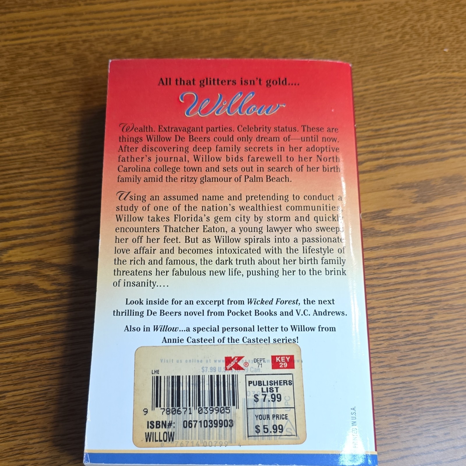 V.C. Andrews Willow Paperback Fiction Novel De Beers Series Pocket Books