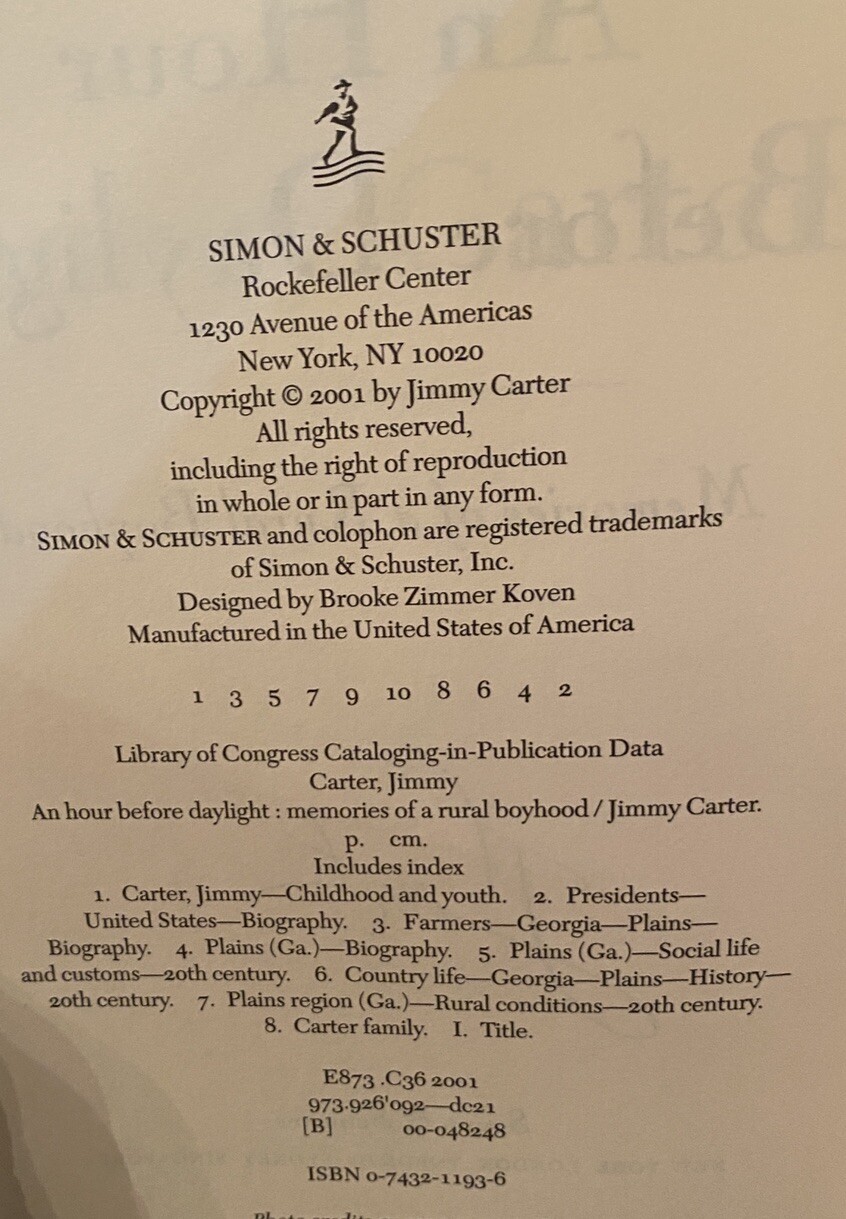 SIGNED President Jimmy Carter An Hour Before Daylight 1st Edition/Print HC Book