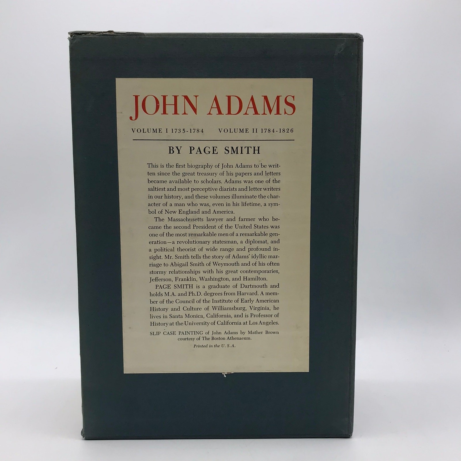 John Adams 2-Book Volume 1 & 2 by Page Smith 1st Edition Dust Jacket w/ Slipcase