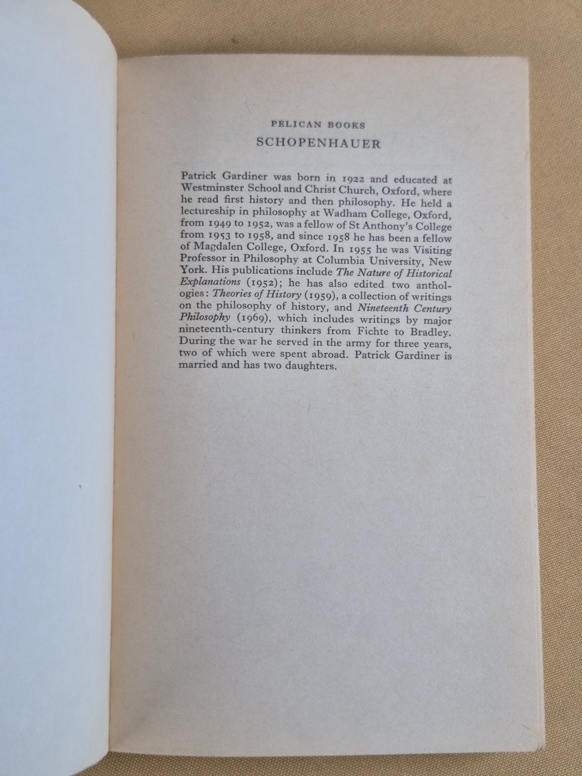 Schopenhauer – A Pelican Original – Patrick Gardiner – Penguin 1971 Mass Market