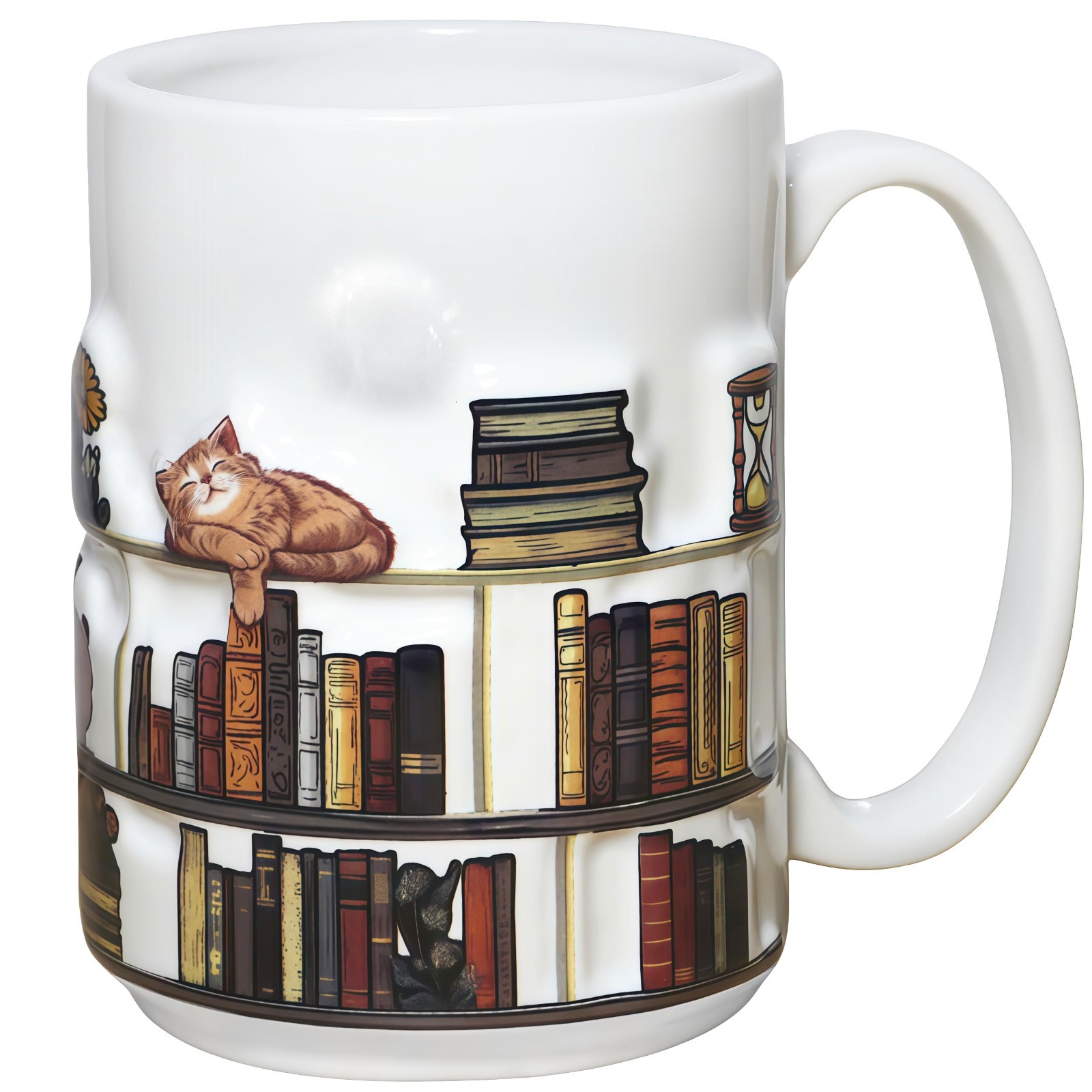 3D Embossed Book Mugs for Readers – 15oz Library Shelf Cup, Cat Lovers Gift