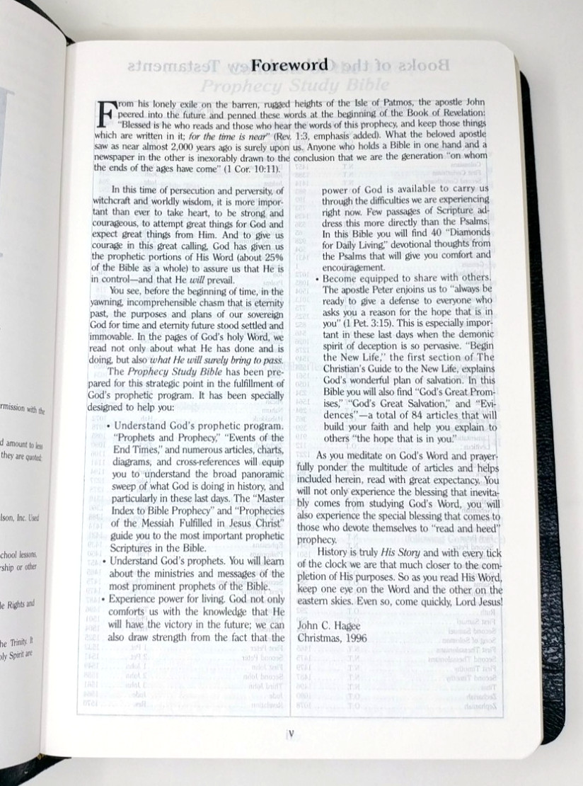 NKJV Prophecy Study Bible John Hagee Black Bonded Leather 1997 Thomas Nelson VG