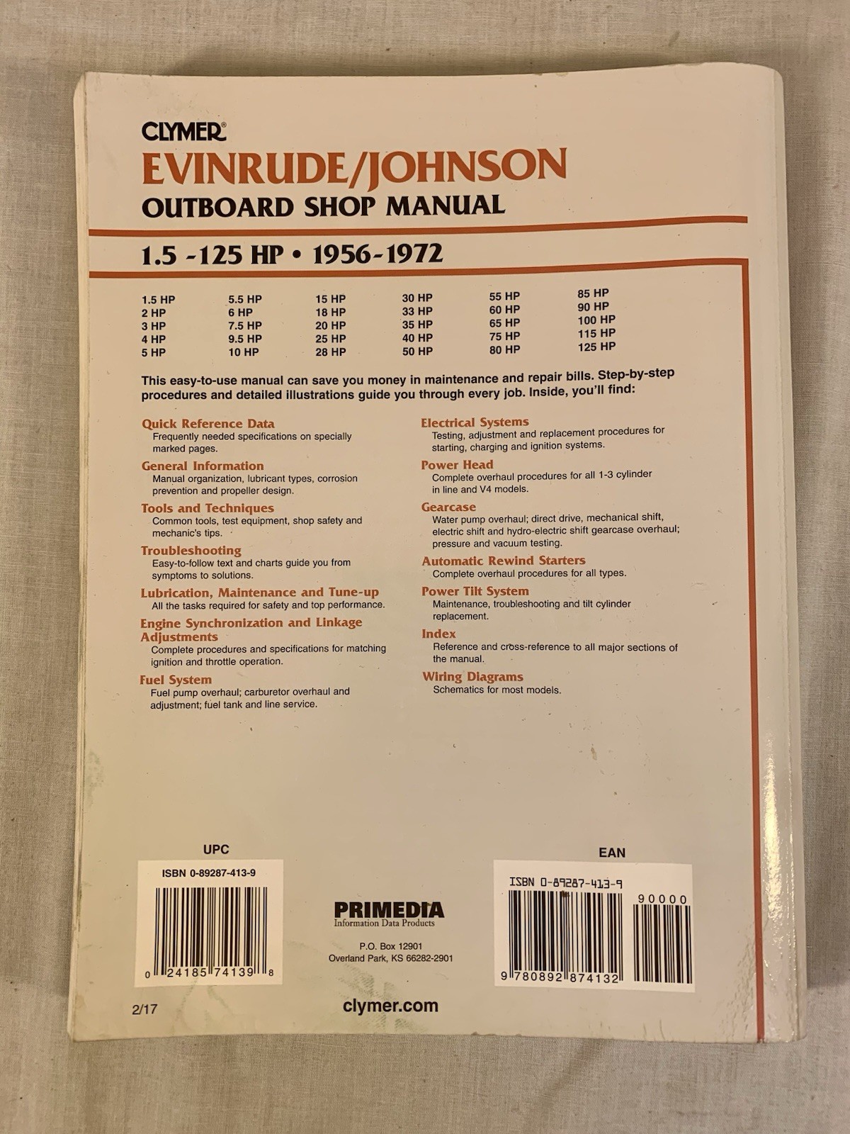 Clymer Evinrude Johnson OFFICIAL Outboard Shop Manual 1.5-125HP 1956-1972 8734