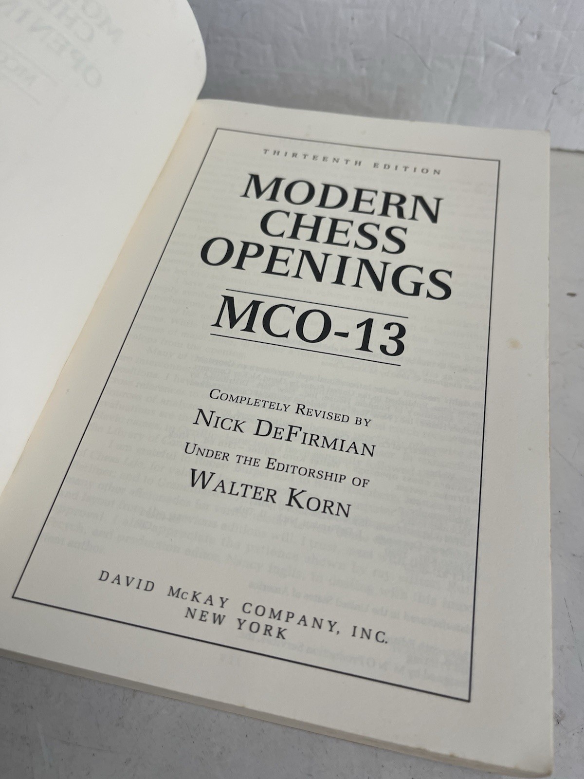 Modern Chess Openings by Nick Defirmian 1990 Trade Paperback 13th Edition