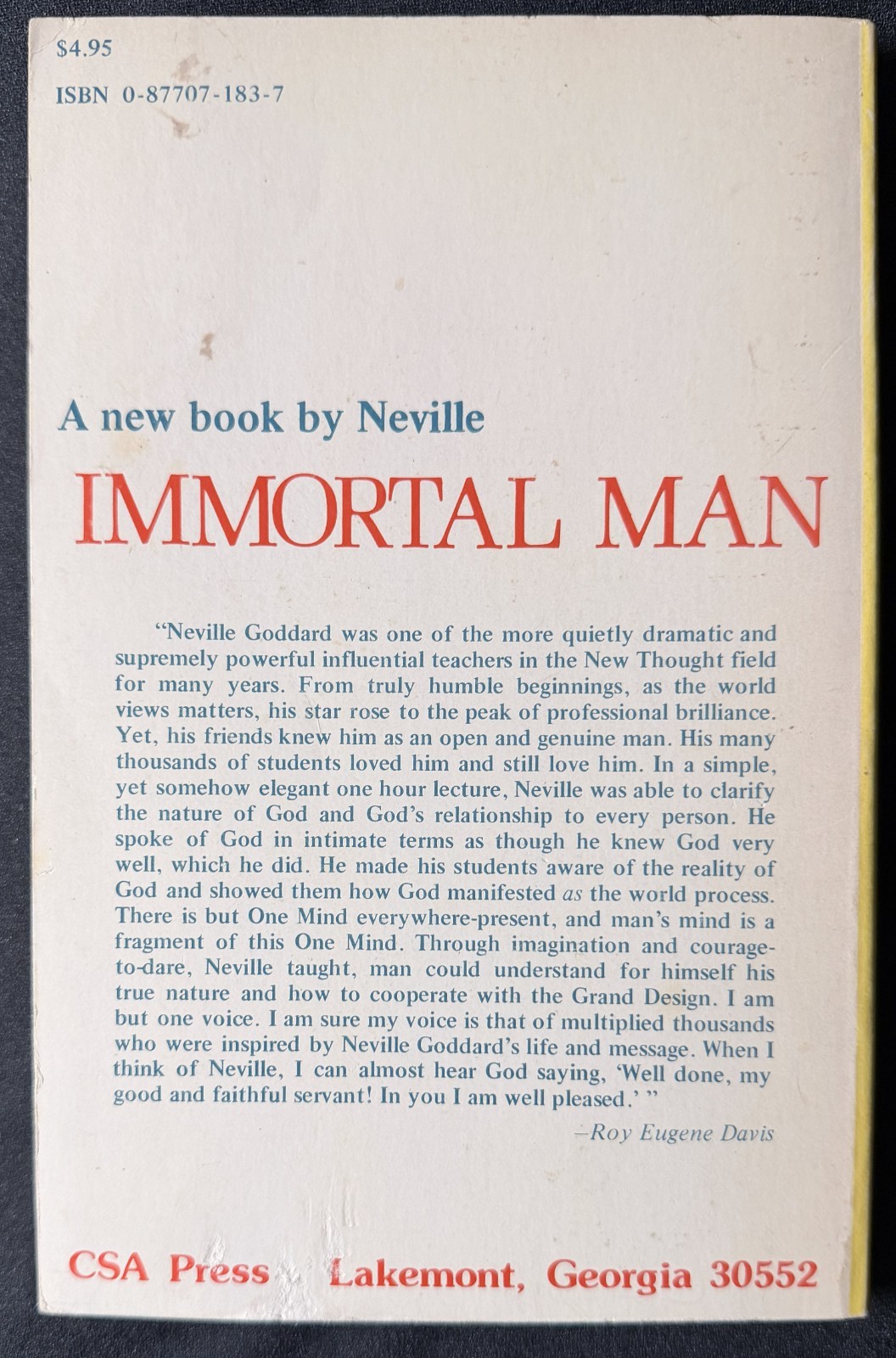 IMMORTAL MAN: COMPILATION OF LECTURES BY NEVILLE 1977 PB 1st Ed Broome Unity