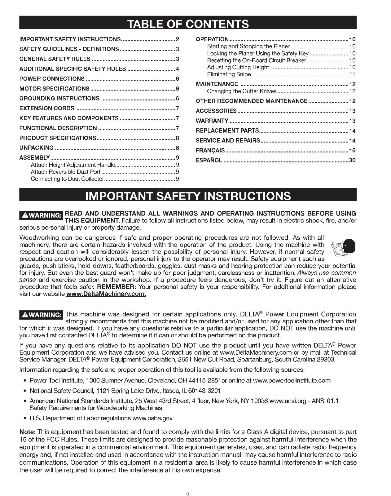 Delta 13″ Bench Planer 22-555 Instruction Manual SPIRAL BOUND
