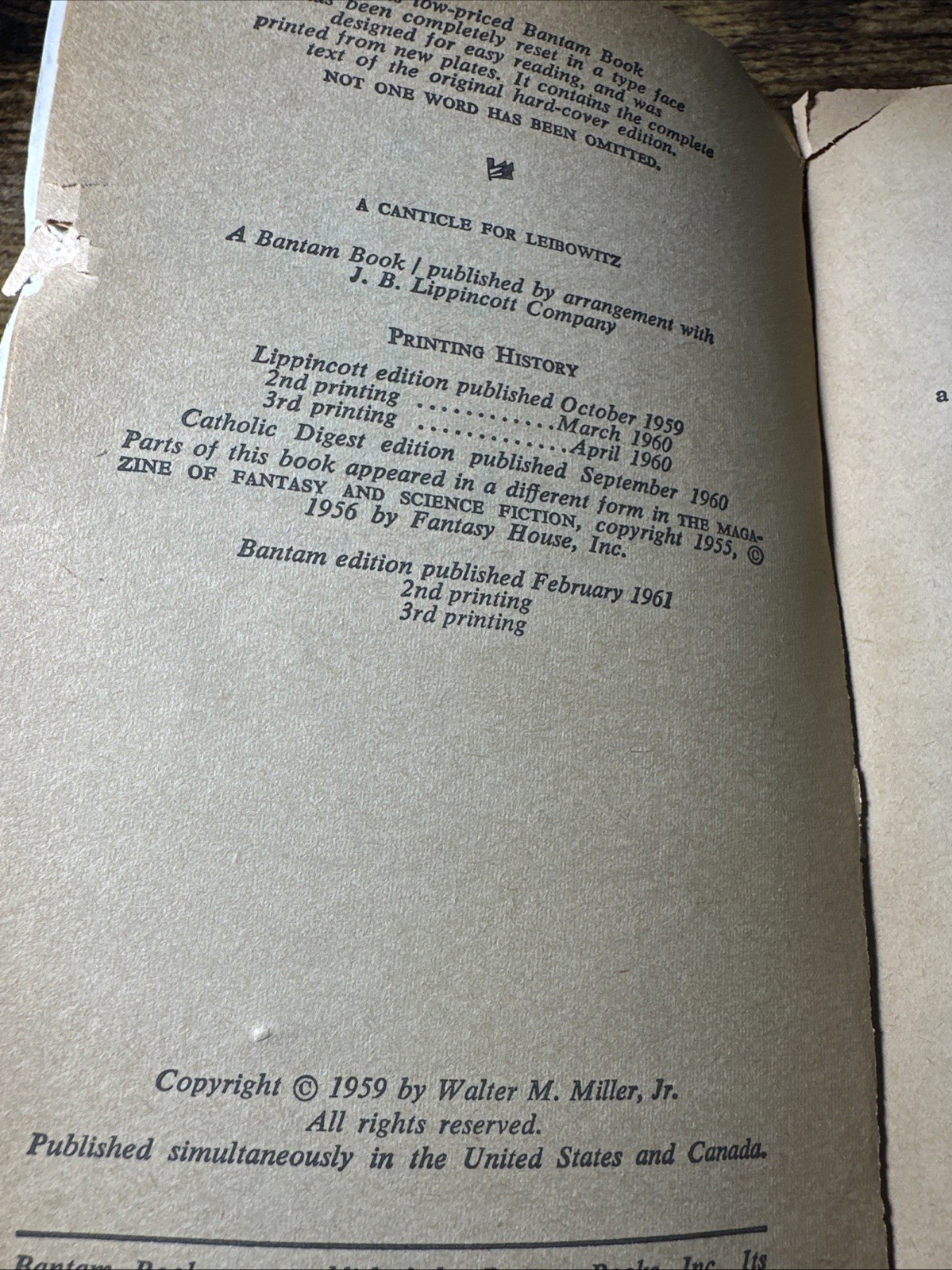 A Canticle for Leibowitz Walter M. Miller Jr. Bantam Paperback 1961 3rd Printing