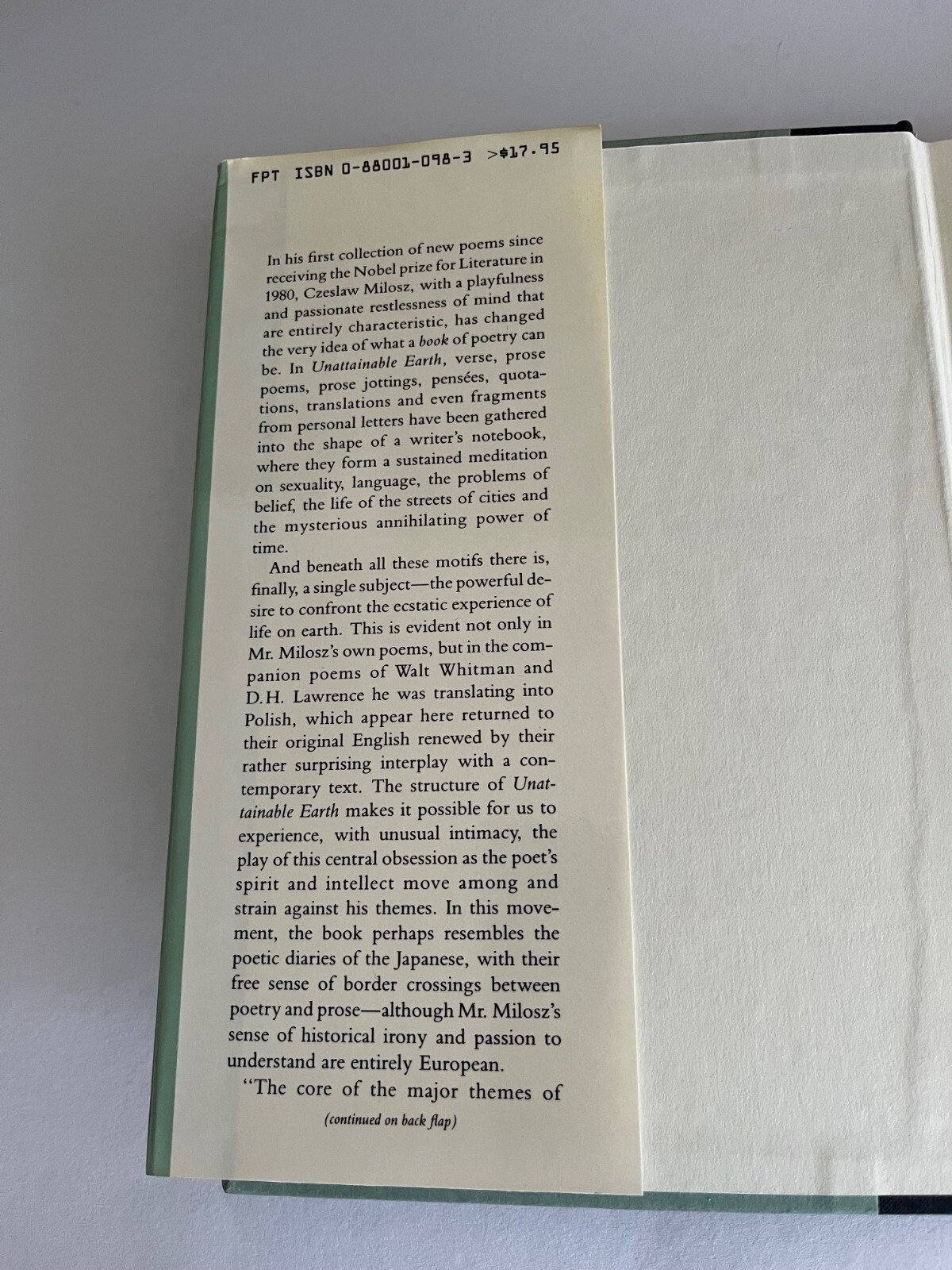 Czeslaw MILOSZ ~ SIGNED ~ Unattainable Earth, 1st Edition hardcover Robert Hass