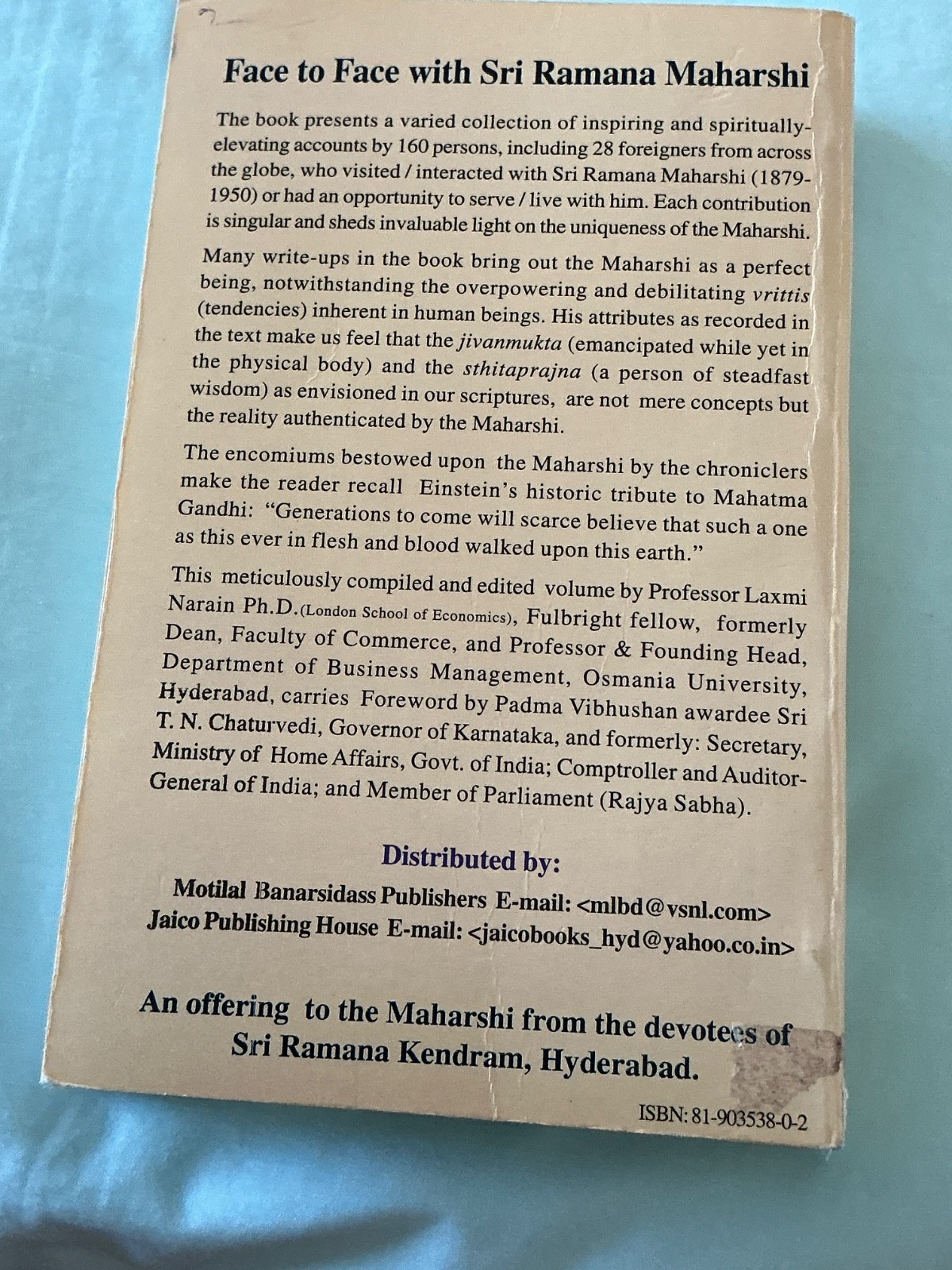 FACE TO FACE WITH SRI RAMANA MAHARSHI By & LAXMI NARAIN 2007 **Excellent**